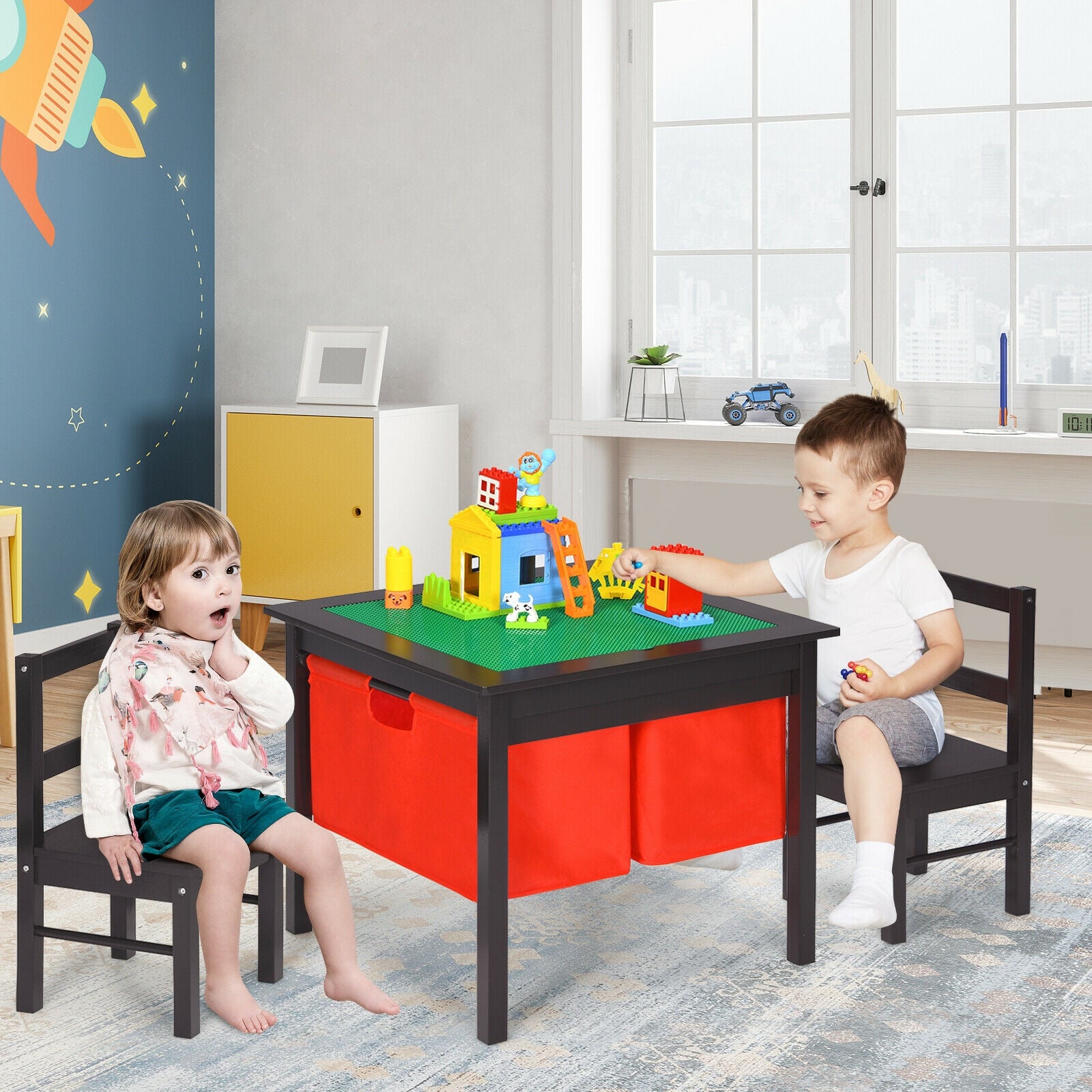 2-in-1 Kids Activity Table and 2 Chairs Set with Storage Building Block Table-Dark Brown