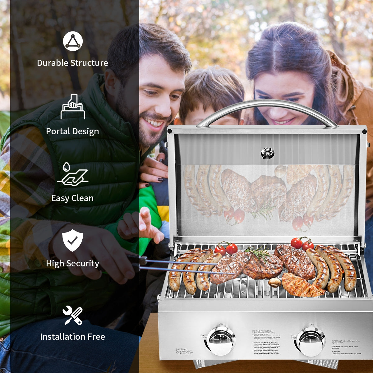 2 Burner Portable Stainless Steel BBQ Table Top Grill for OutdoorsÂ