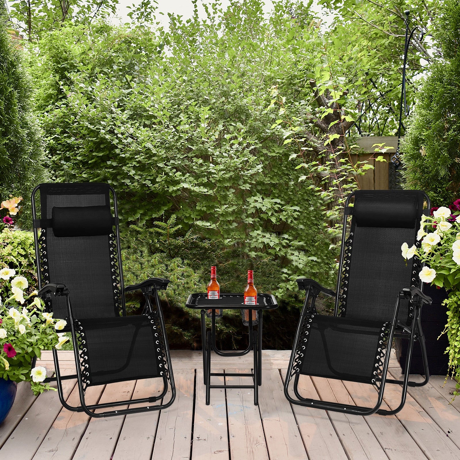 3 Pieces Folding Portable Zero Gravity Reclining Lounge Chairs Table Set-BlackÂ