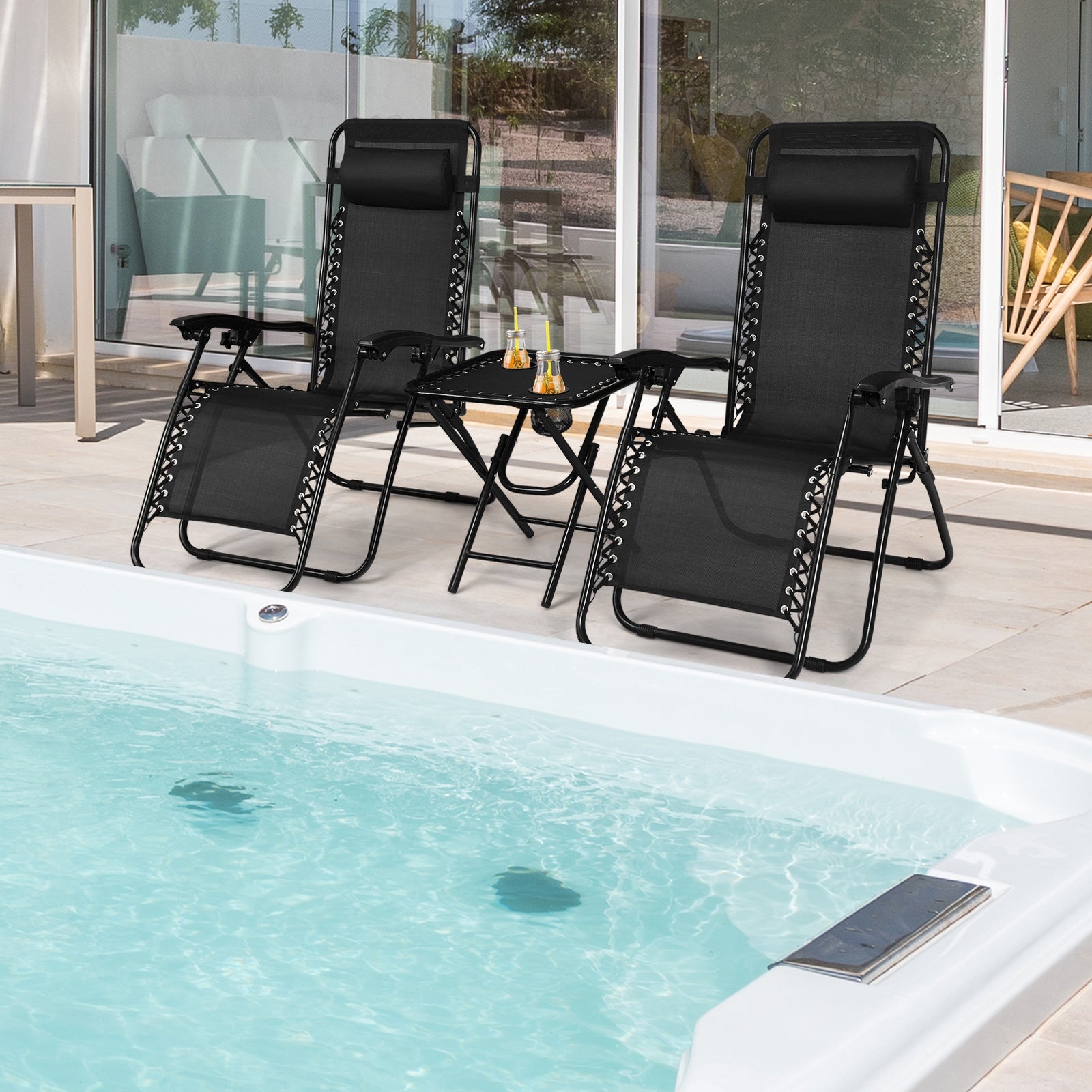 3 Pieces Folding Portable Zero Gravity Reclining Lounge Chairs Table Set-BlackÂ