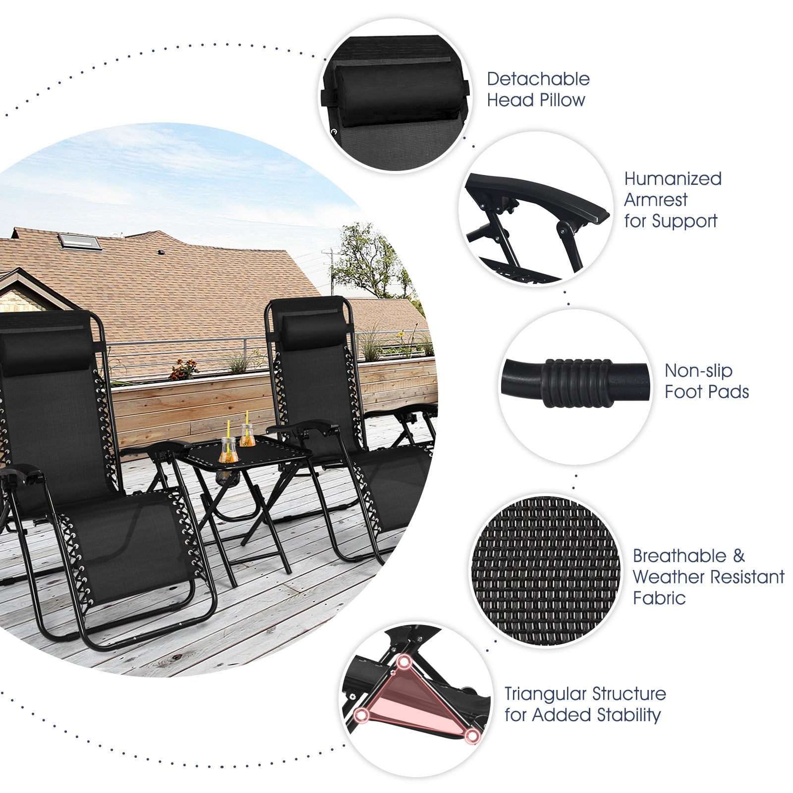 3 Pieces Folding Portable Zero Gravity Reclining Lounge Chairs Table Set-BlackÂ