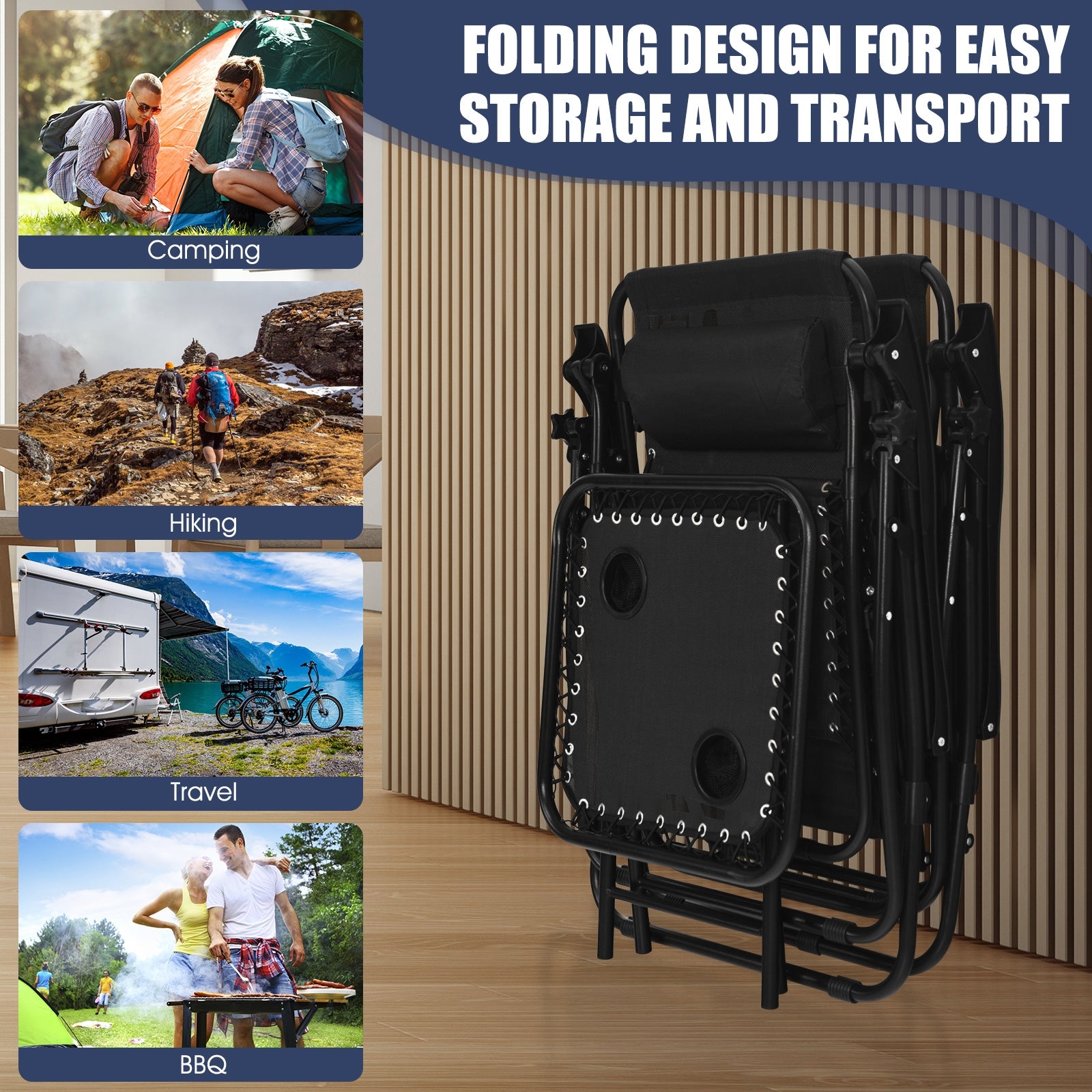 3 Pieces Folding Portable Zero Gravity Reclining Lounge Chairs Table Set-BlackÂ