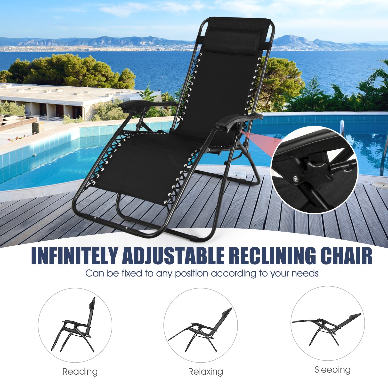 3 Pieces Folding Portable Zero Gravity Reclining Lounge Chairs Table Set-BlackÂ