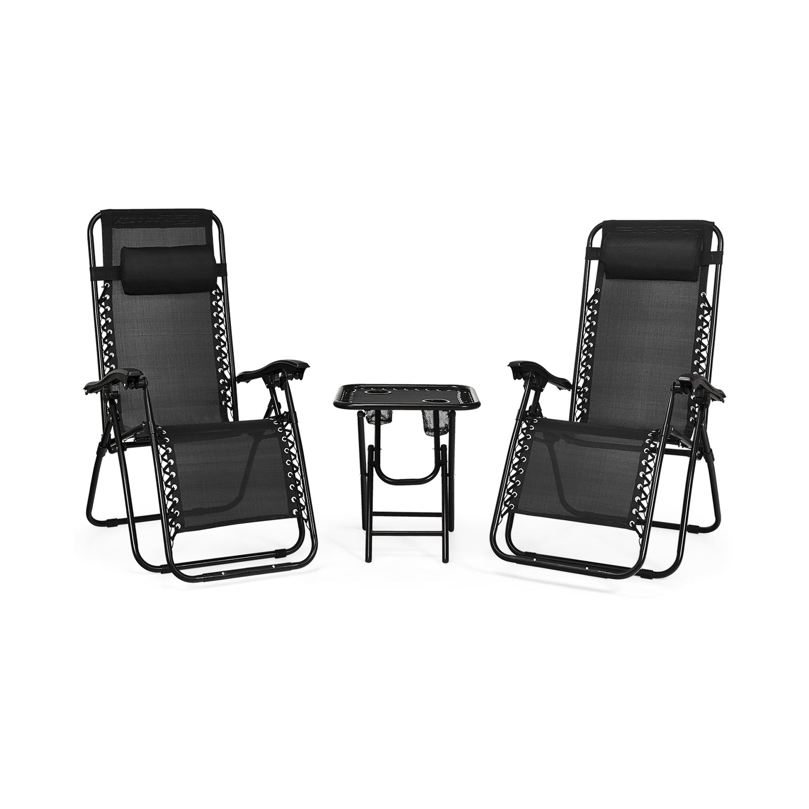 3 Pieces Folding Portable Zero Gravity Reclining Lounge Chairs Table Set-BlackÂ