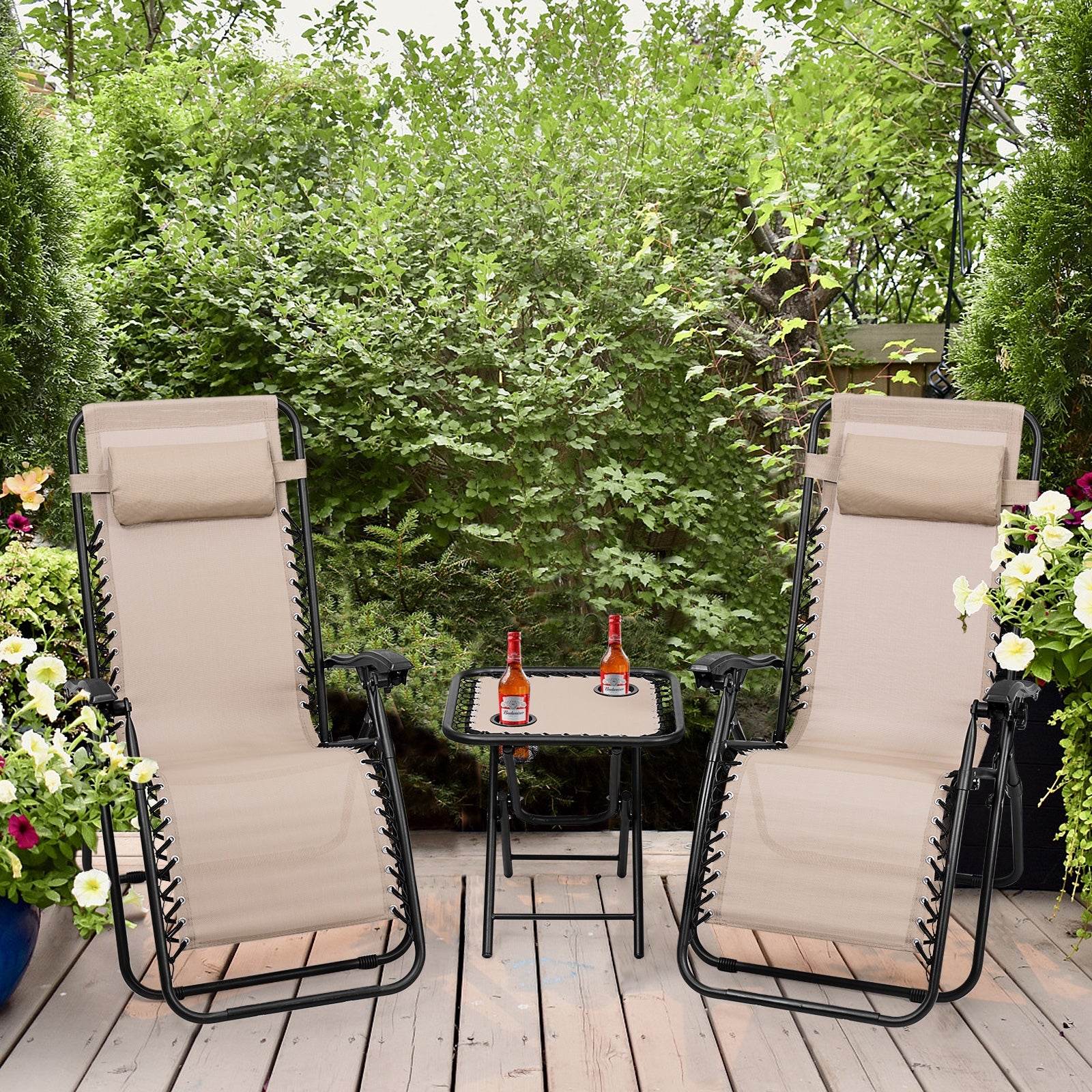 3 Pieces Folding Portable Zero Gravity Reclining Lounge Chairs Table Set-BeigeÂ