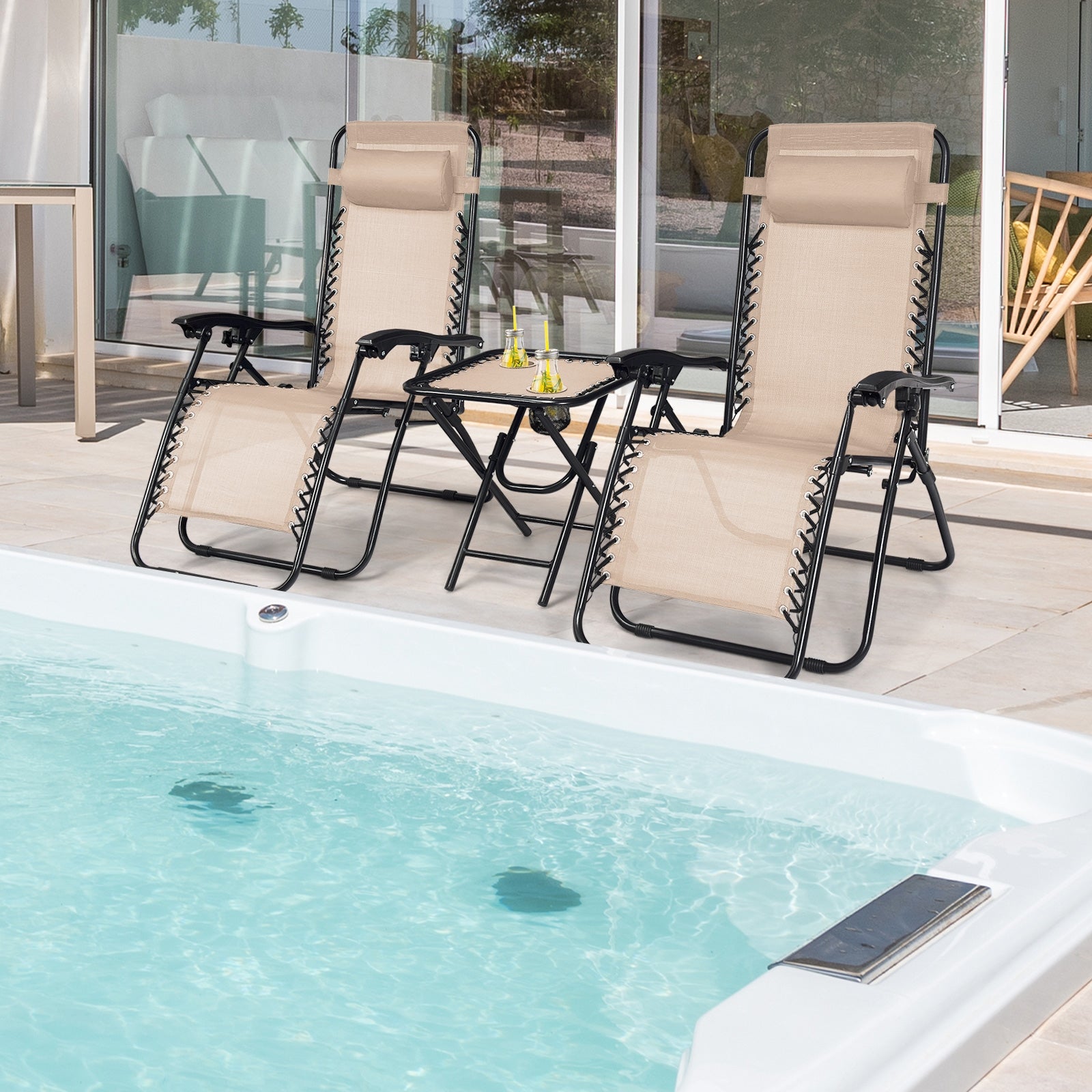 3 Pieces Folding Portable Zero Gravity Reclining Lounge Chairs Table Set-BeigeÂ