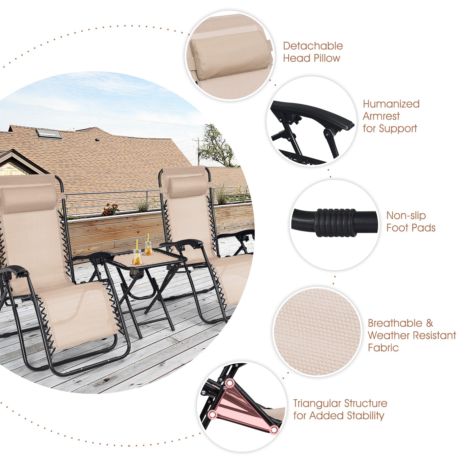 3 Pieces Folding Portable Zero Gravity Reclining Lounge Chairs Table Set-BeigeÂ