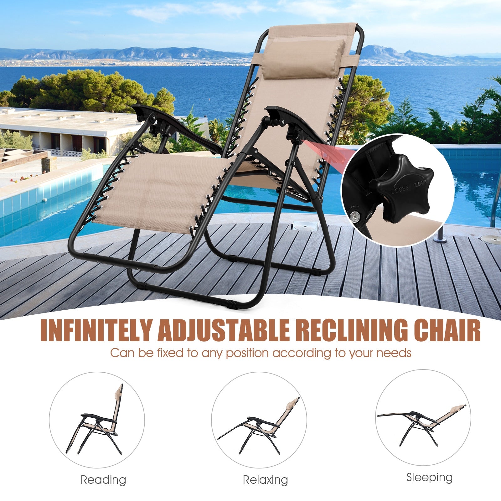 3 Pieces Folding Portable Zero Gravity Reclining Lounge Chairs Table Set-BeigeÂ
