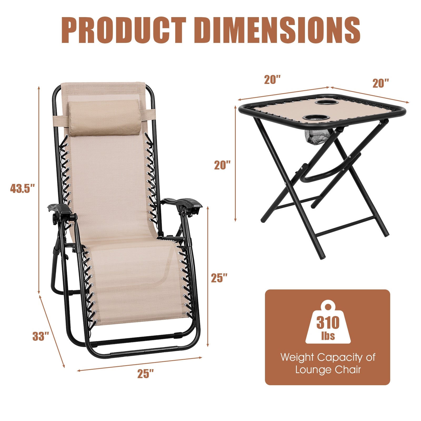 3 Pieces Folding Portable Zero Gravity Reclining Lounge Chairs Table Set-BeigeÂ