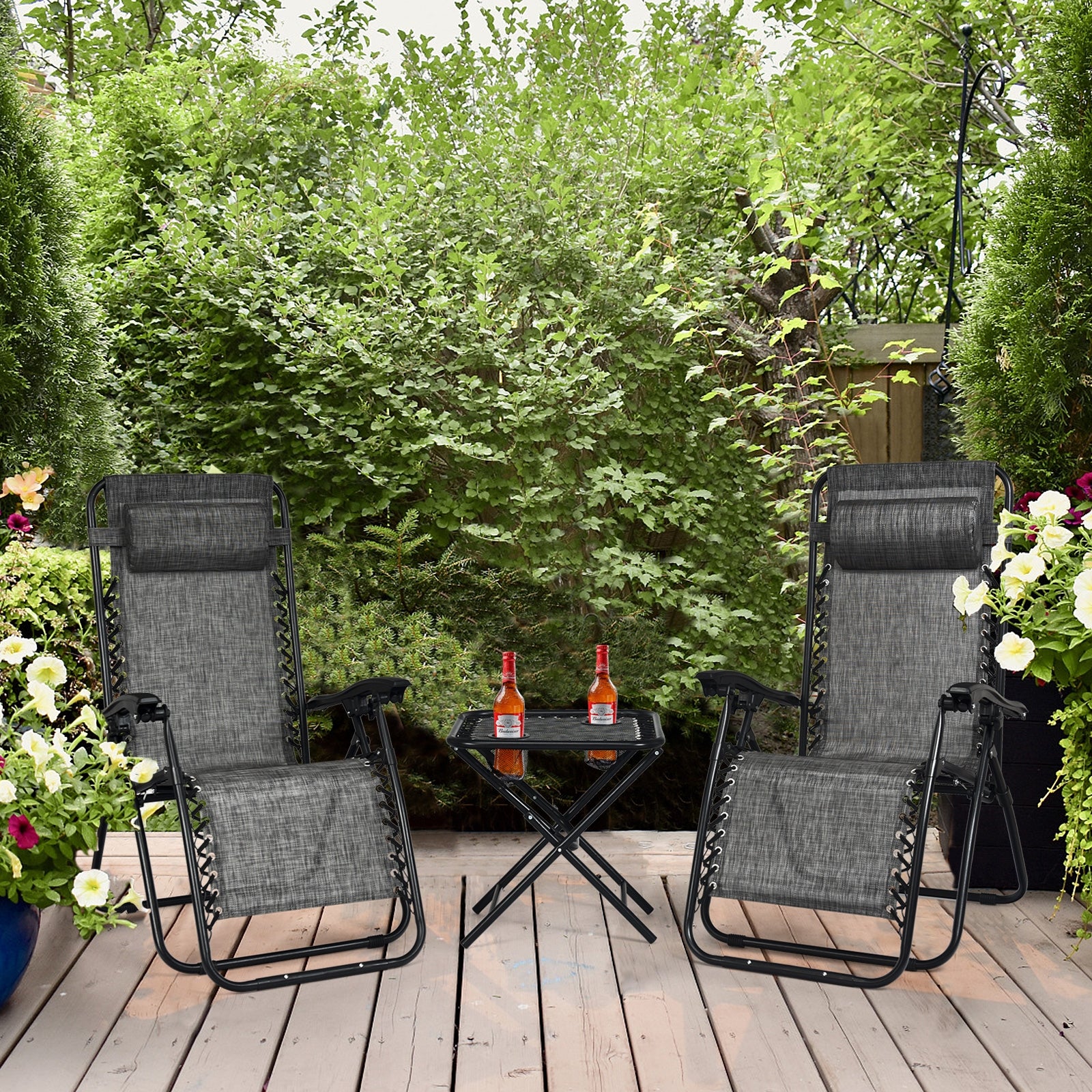 3 Pcs Folding Portable Zero Gravity Reclining Lounge Chairs Table-GrayÂ