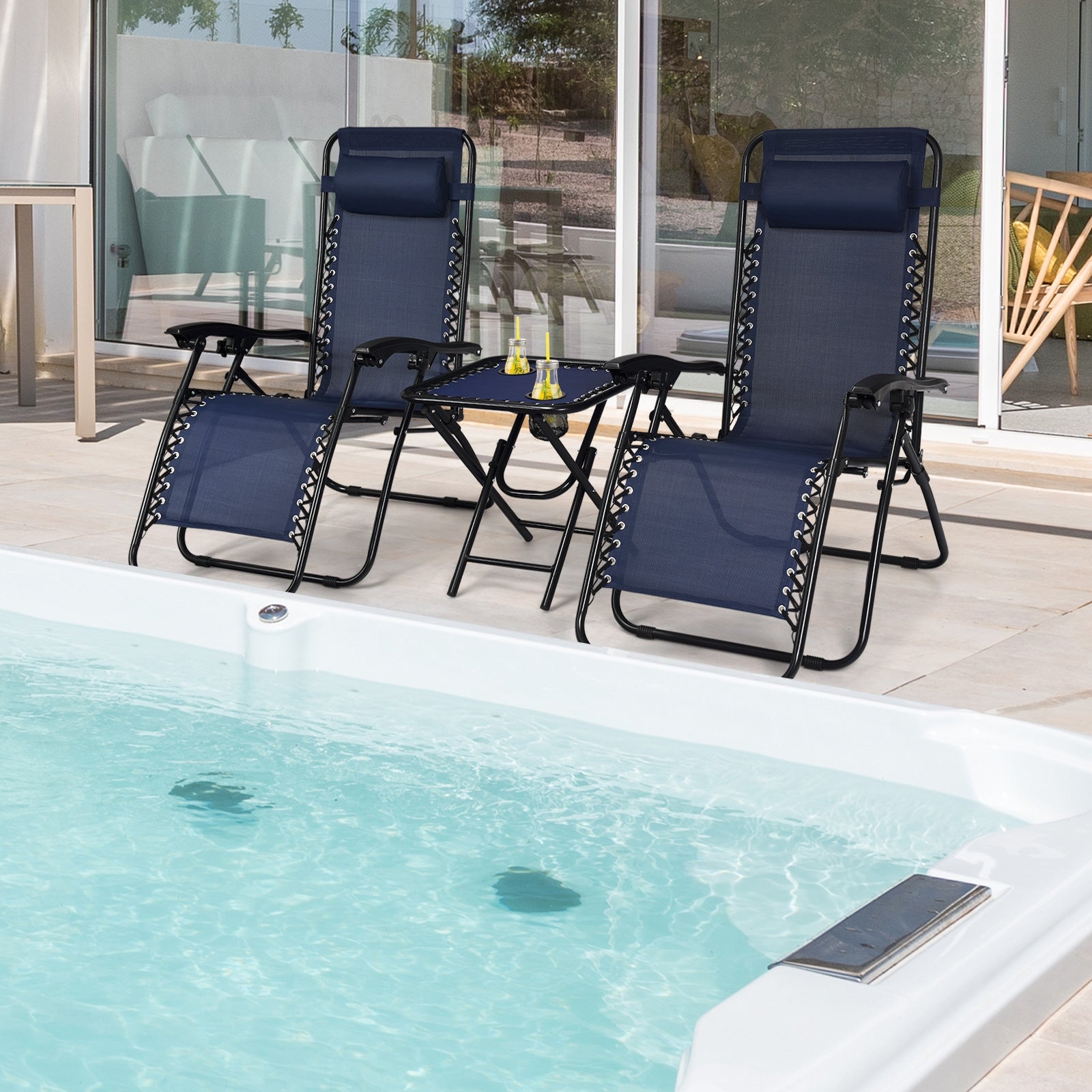3 Pcs Folding Portable Zero Gravity Reclining Lounge Chairs Table-NavyÂ