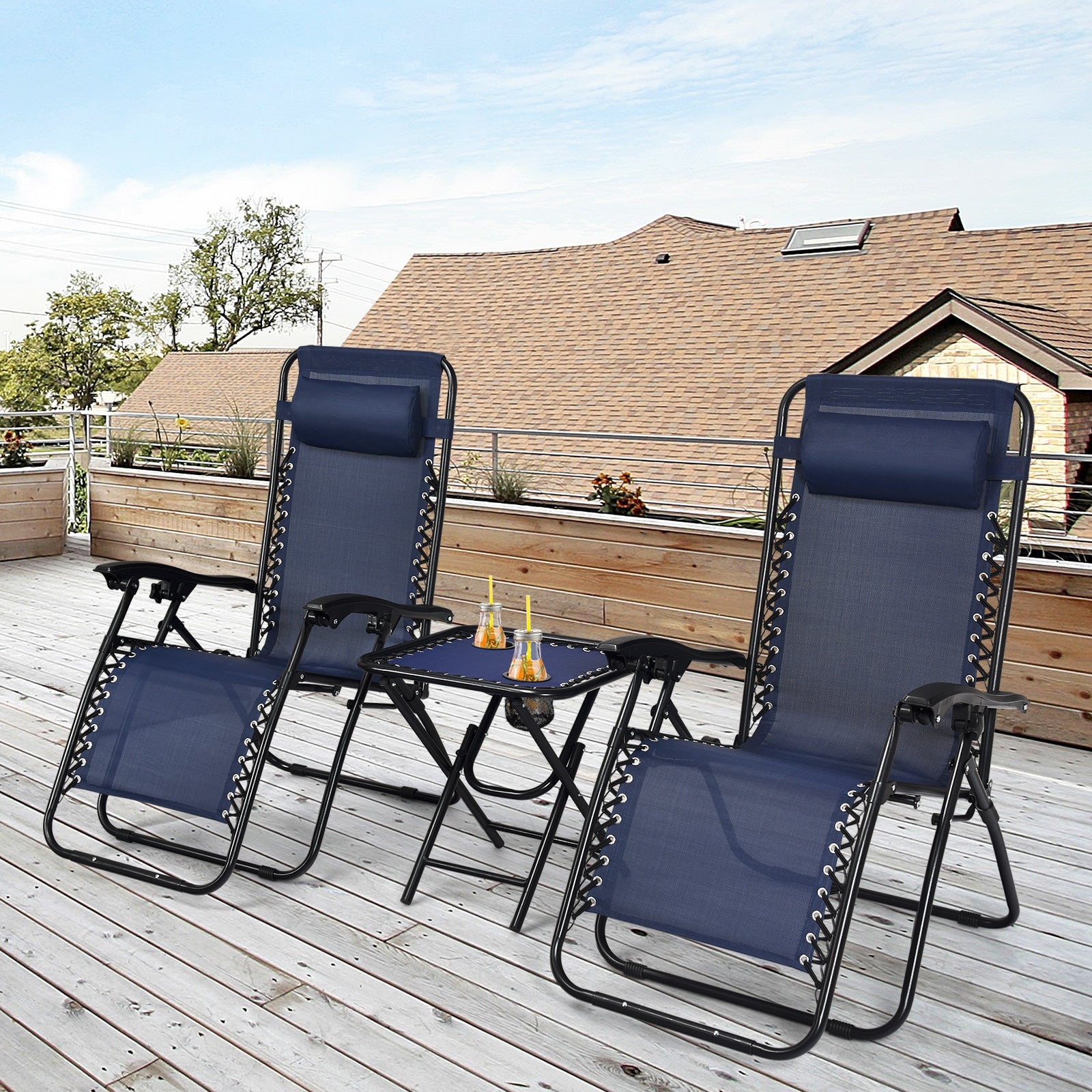 3 Pcs Folding Portable Zero Gravity Reclining Lounge Chairs Table-NavyÂ