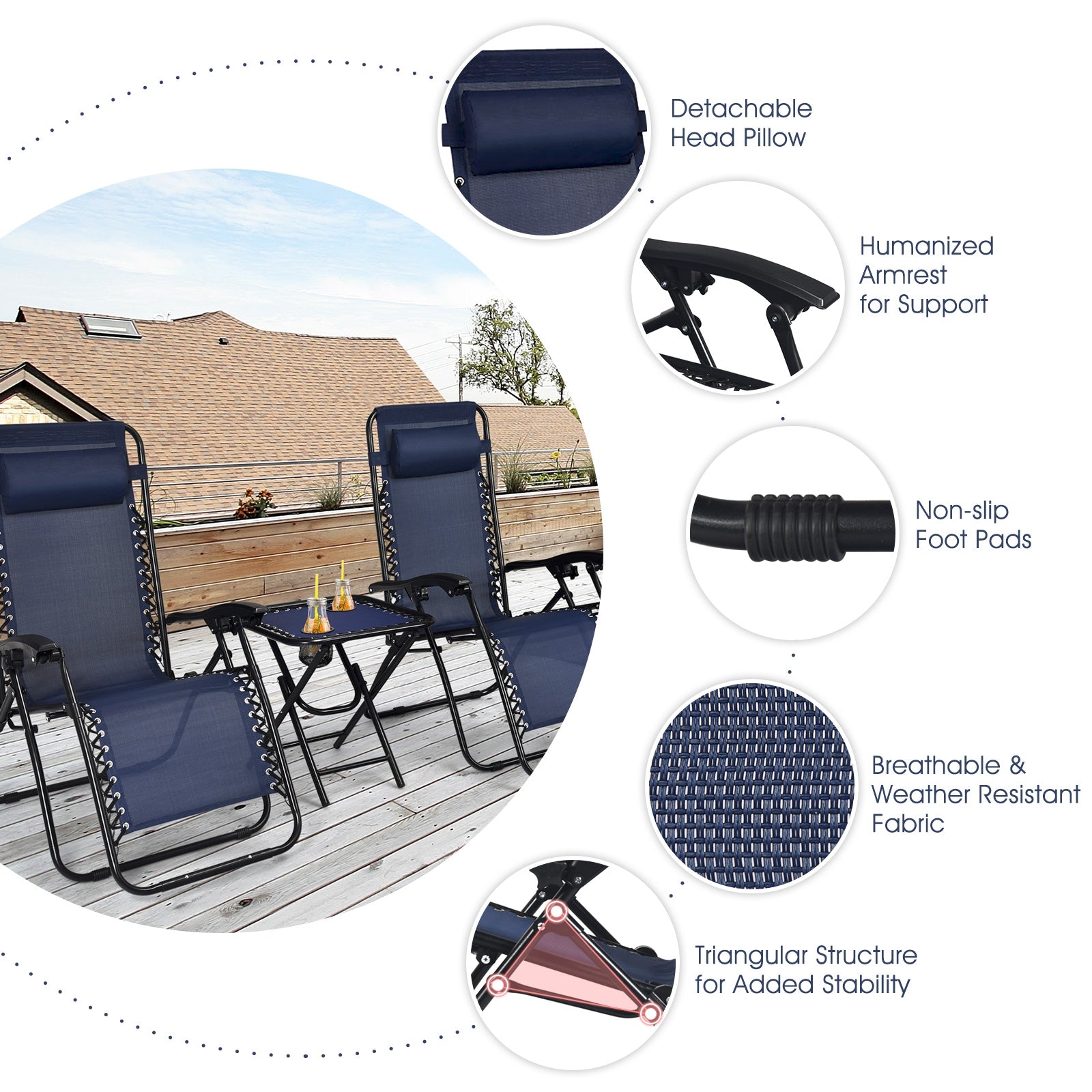 3 Pcs Folding Portable Zero Gravity Reclining Lounge Chairs Table-NavyÂ