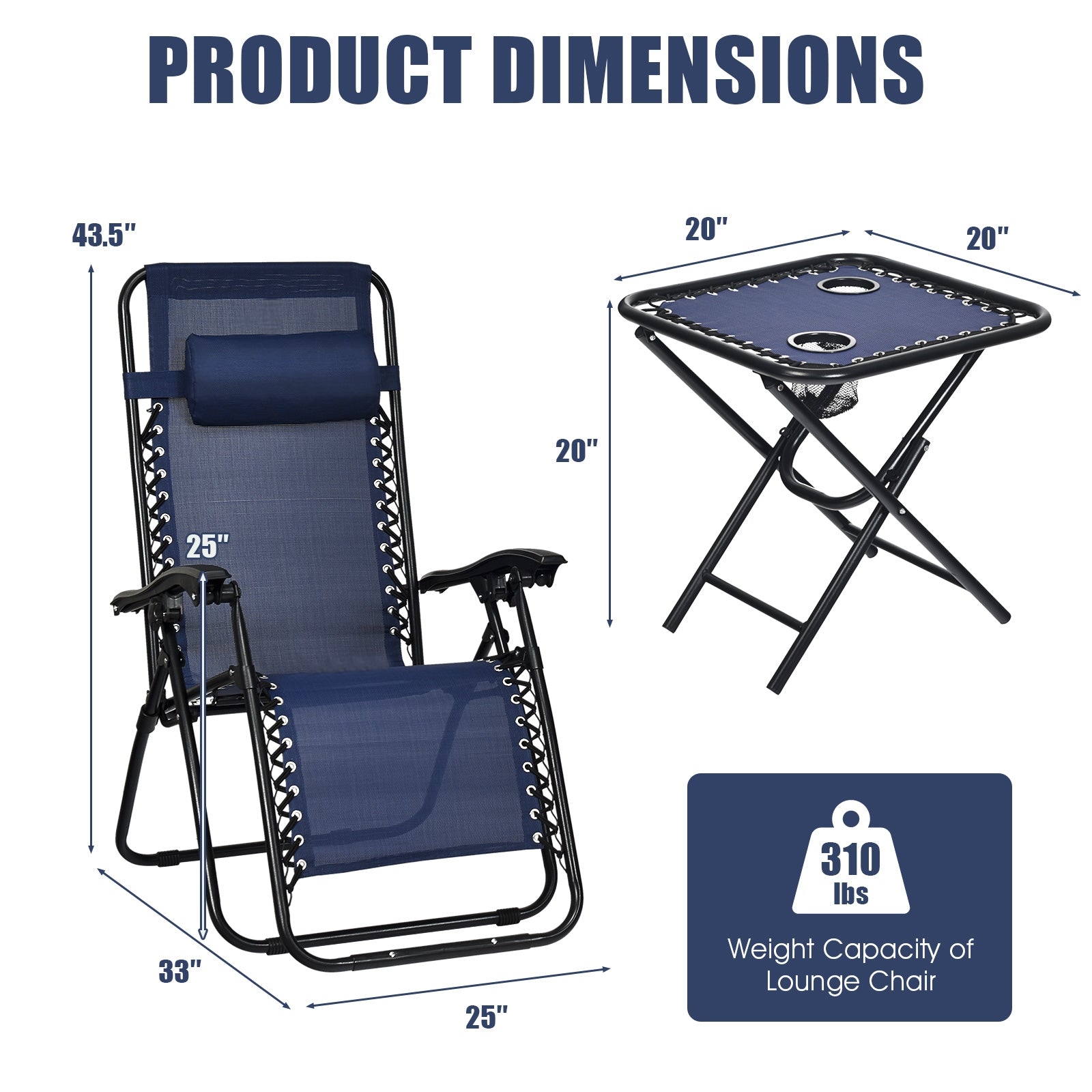 3 Pcs Folding Portable Zero Gravity Reclining Lounge Chairs Table-NavyÂ