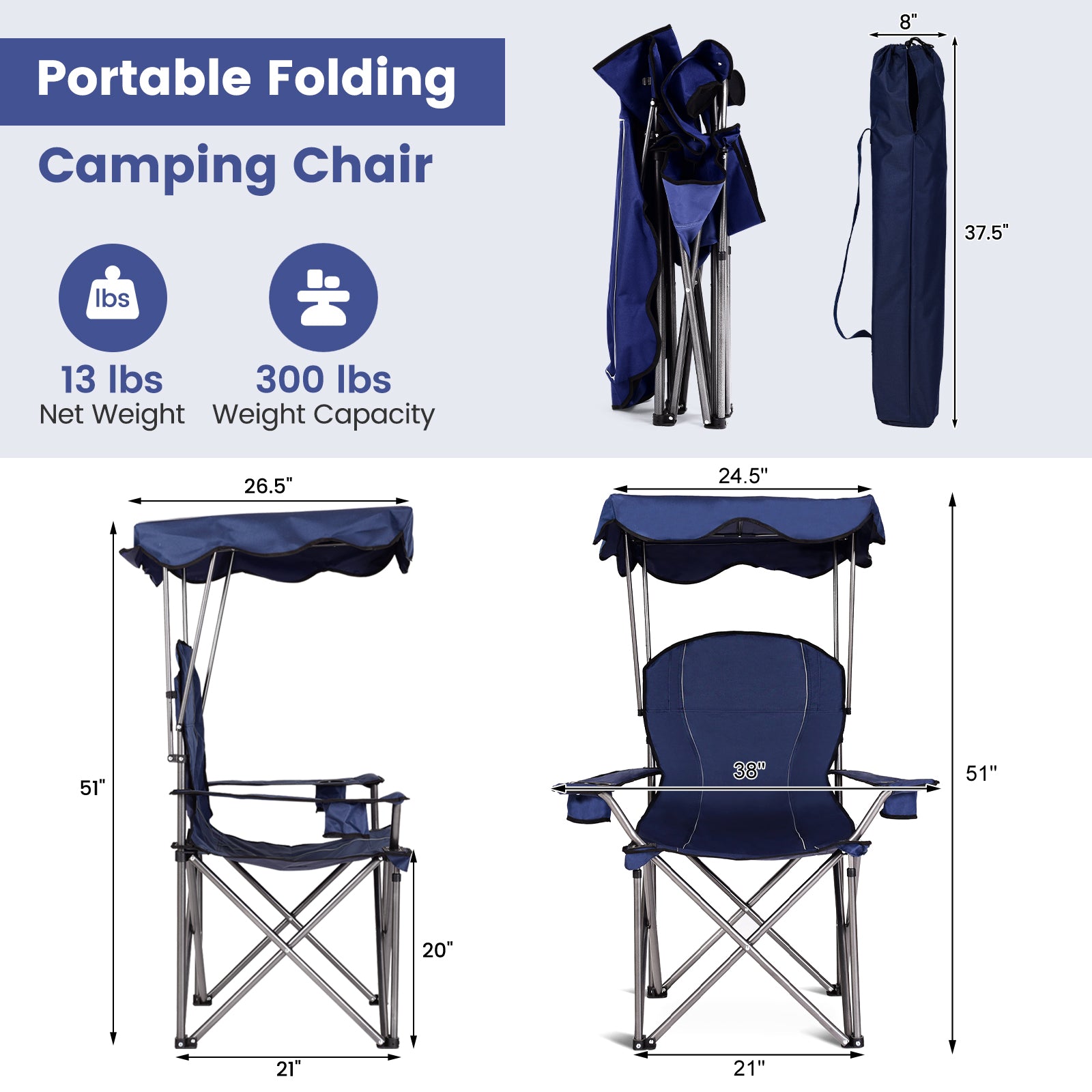 Portable Folding Beach Canopy Chair with Cup Holders-BlueÂ