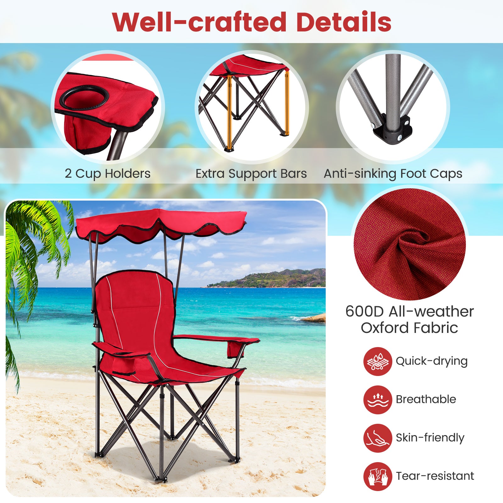 Portable Folding Beach Canopy Chair with Cup Holders-RedÂ