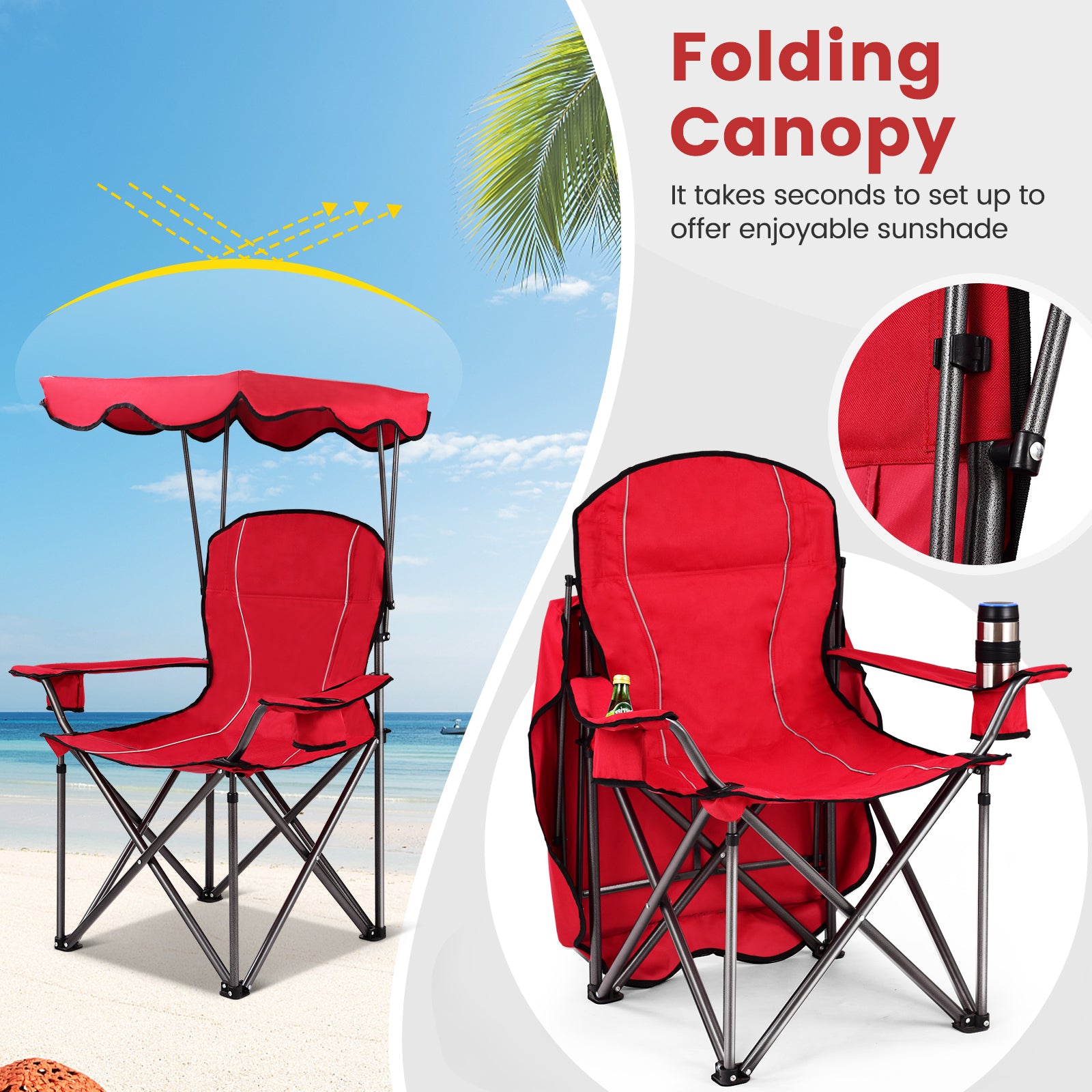 Portable Folding Beach Canopy Chair with Cup Holders-RedÂ