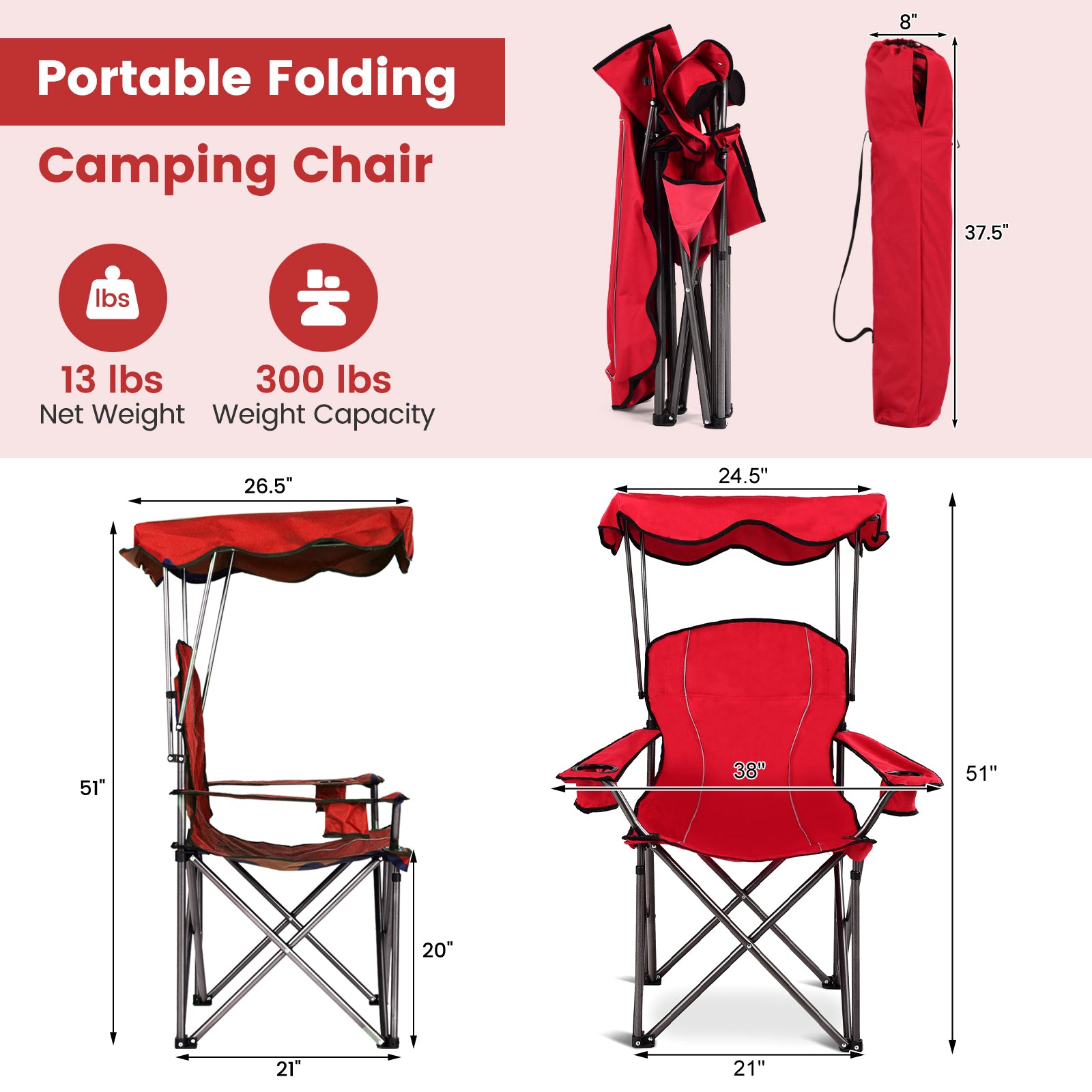Portable Folding Beach Canopy Chair with Cup Holders-RedÂ
