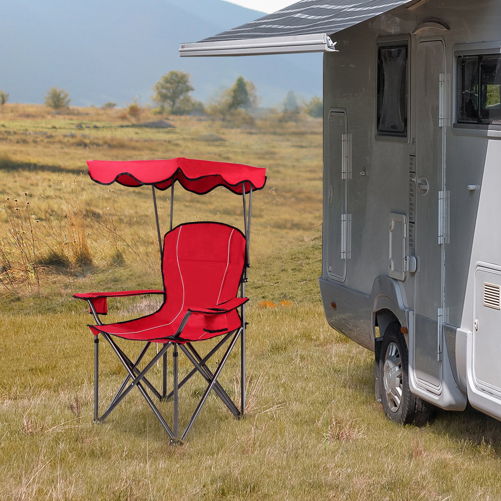 Portable Folding Beach Canopy Chair with Cup Holders-RedÂ