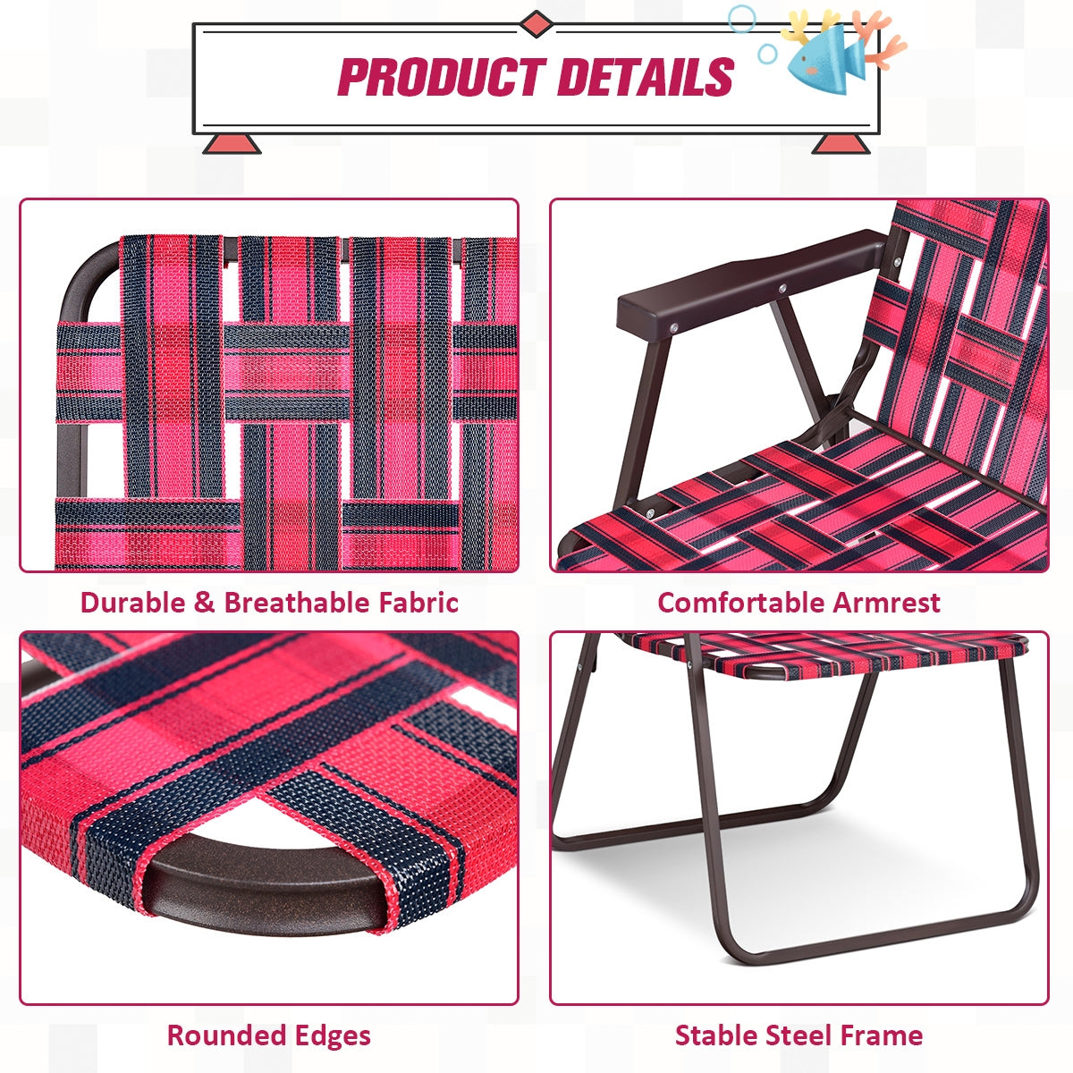 6 Pieces Folding Beach Chair Camping Lawn Webbing Chair-RedÂ