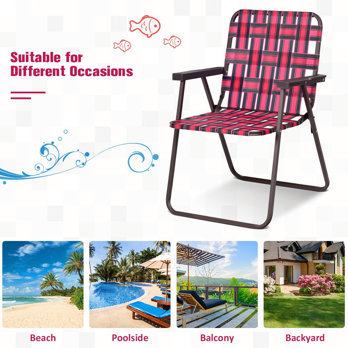 6 Pieces Folding Beach Chair Camping Lawn Webbing Chair-RedÂ