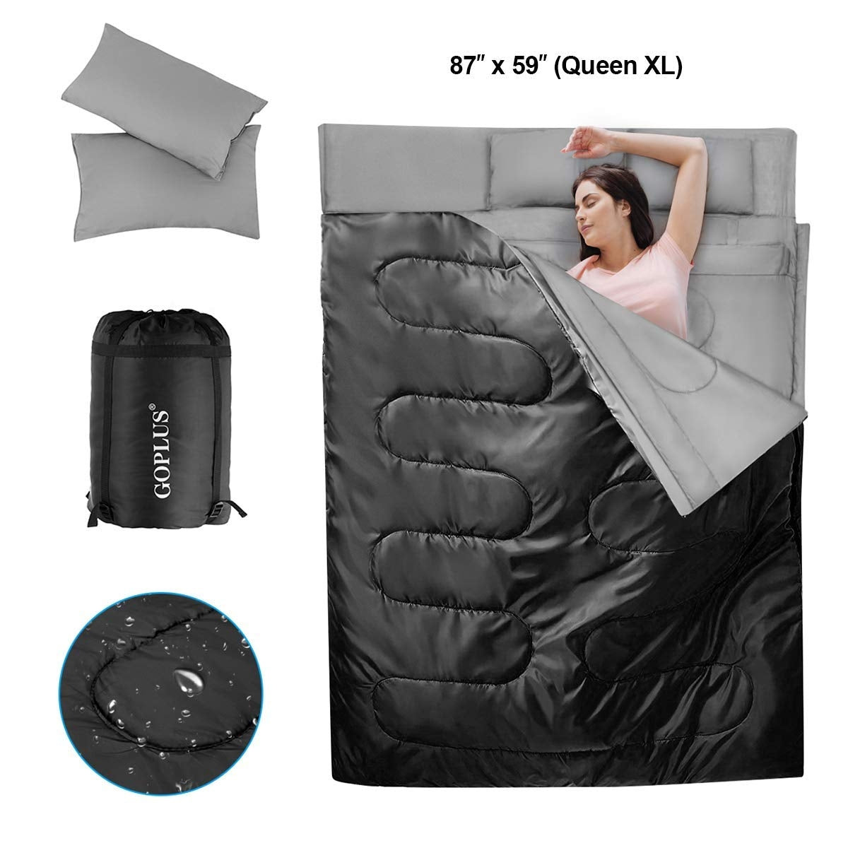 2 Person Waterproof Sleeping Bag with 2 Pillows-BlackÂ