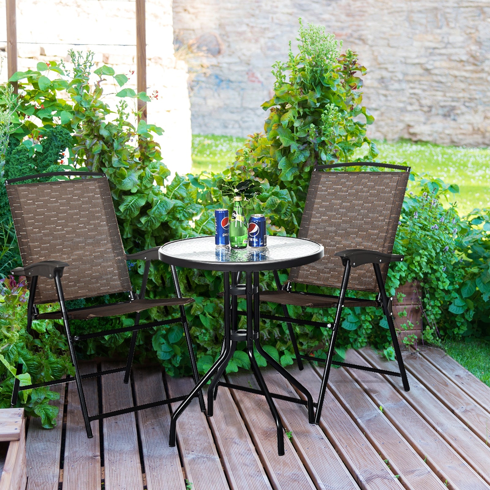 3 Pieces Bistro Patio Garden Furniture Set of Round Table and Folding ChairsÂ