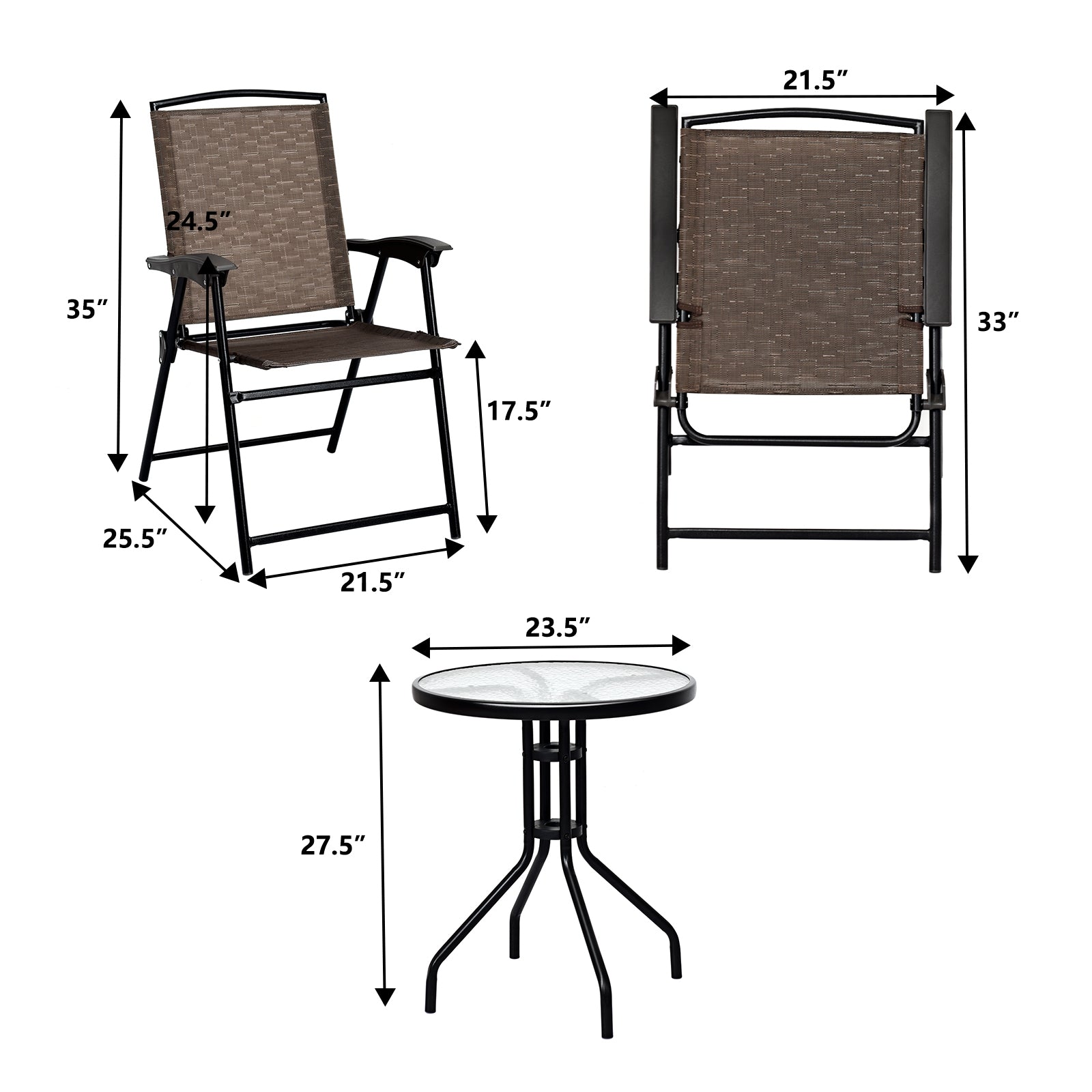 3 Pieces Bistro Patio Garden Furniture Set of Round Table and Folding ChairsÂ