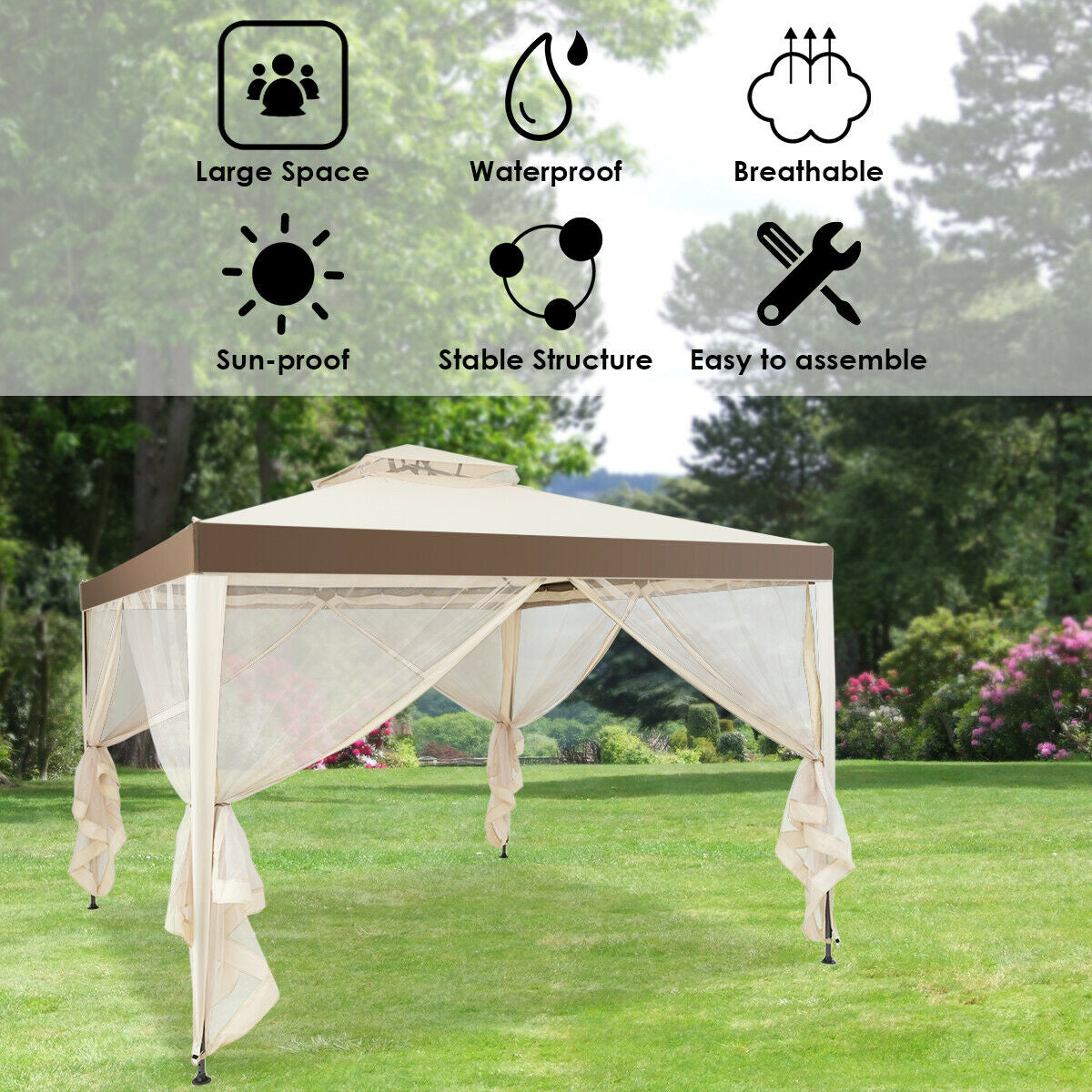 Canopy Gazebo Tent Shelter Garden Lawn Patio with Mosquito Netting-BeigeÂ