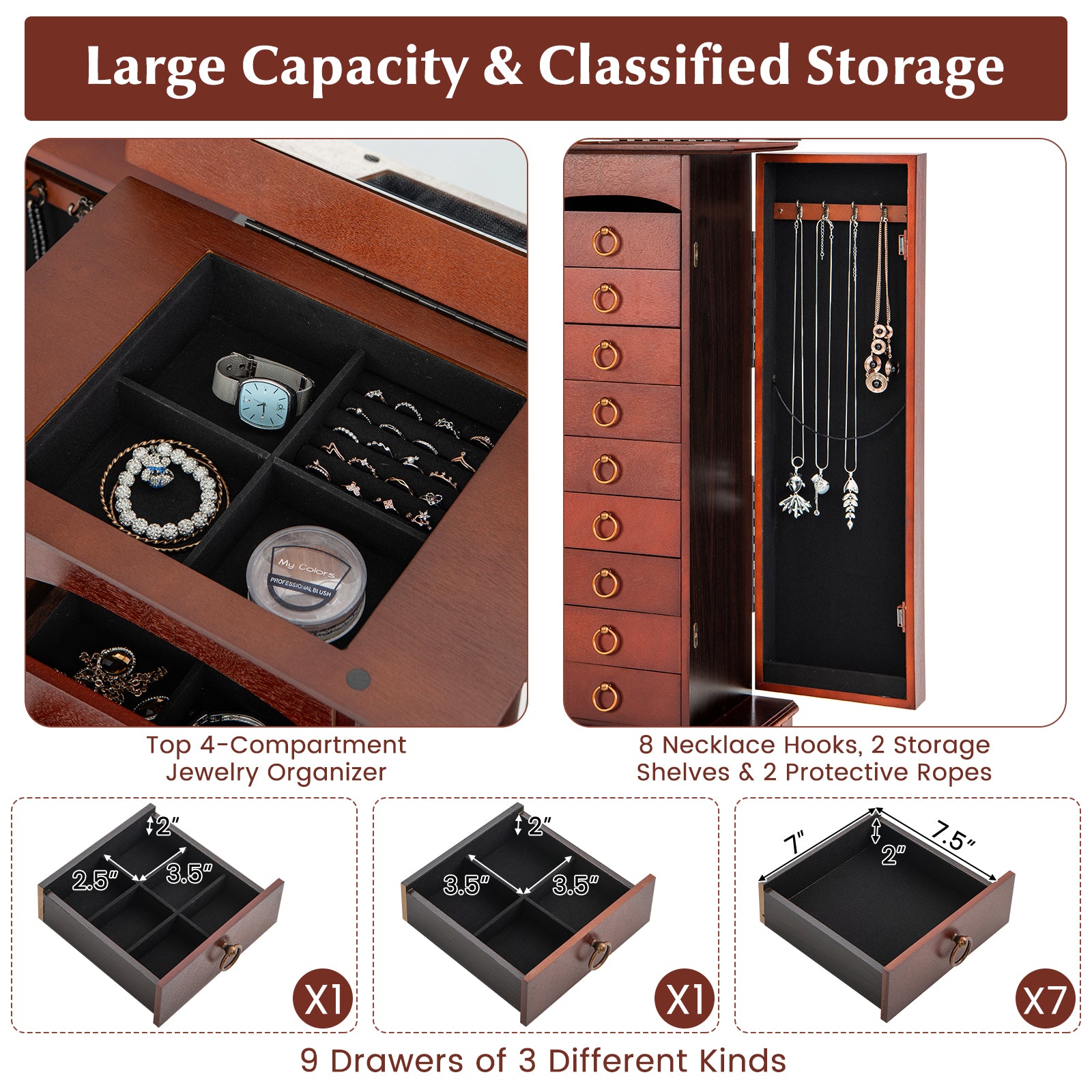 Large Capacity Jewelry Storage Cabinet with 9 DrawersÂ