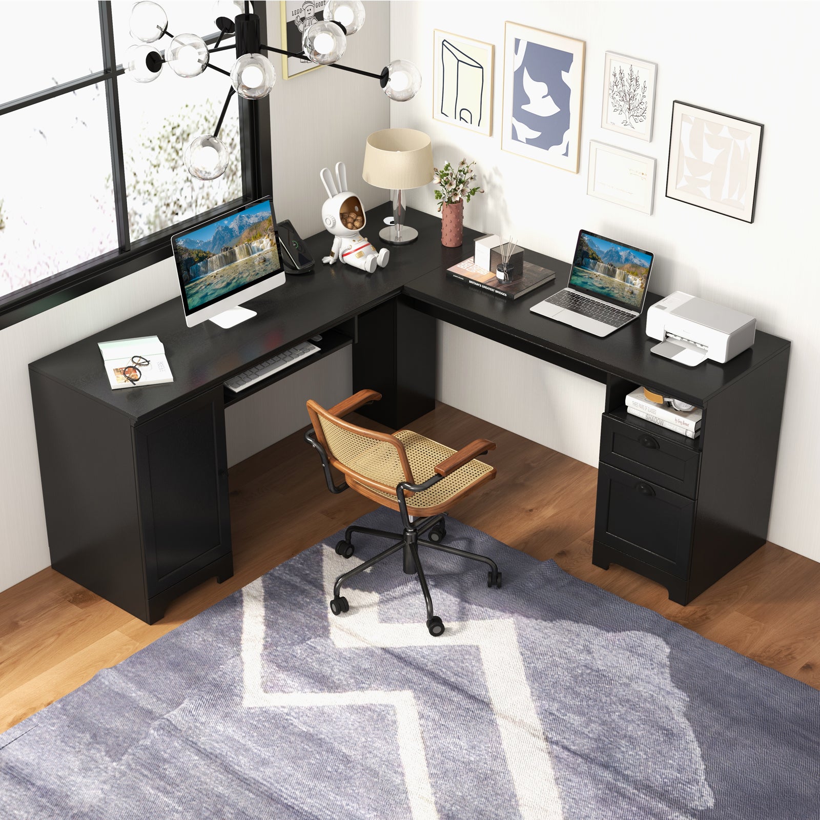 66 Inch L-Shaped Writing Study Workstation Computer Desk with Drawers-BlackÂ