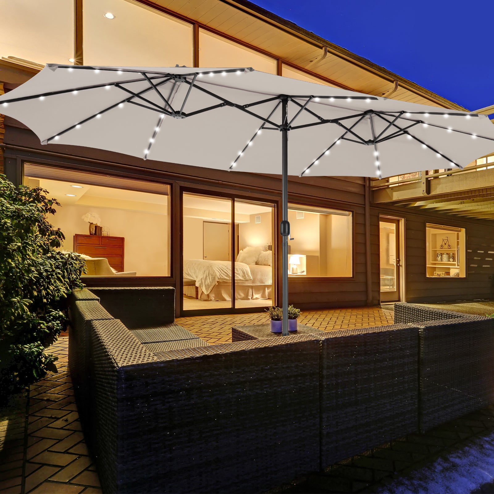 15 Feet Double-Sided Patio Umbrella with 48 LED Lights-Beige