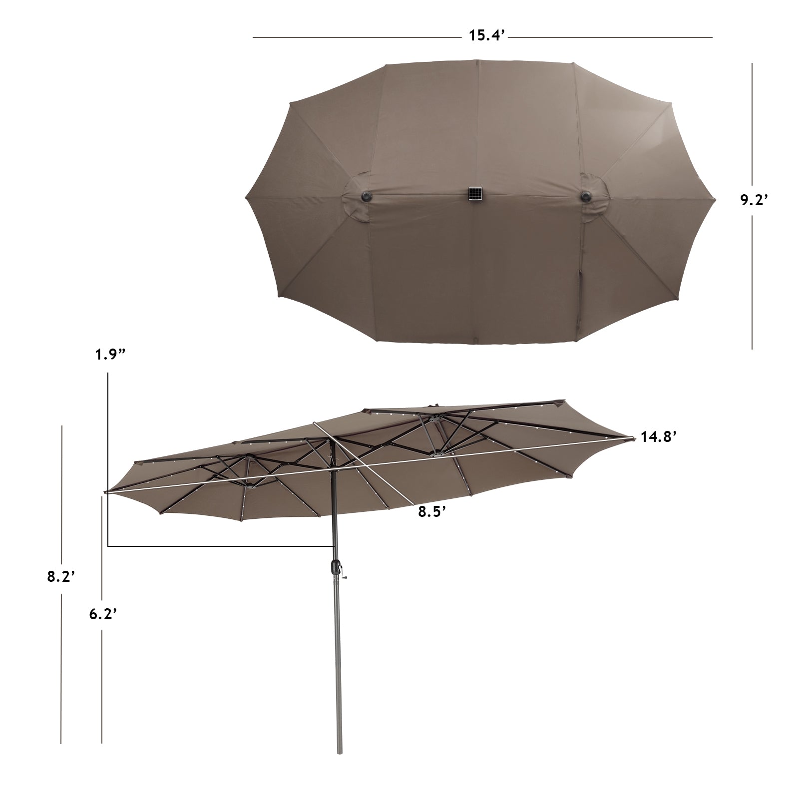 15 Feet Twin Patio Umbrella with 48 Solar LED Lights-Coffee