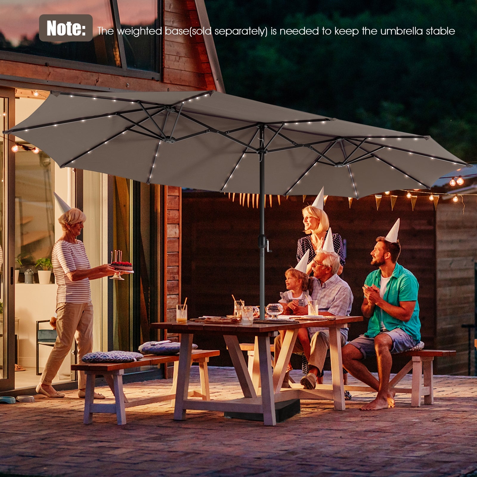 15 Feet Twin Patio Umbrella with 48 Solar LED Lights-Coffee