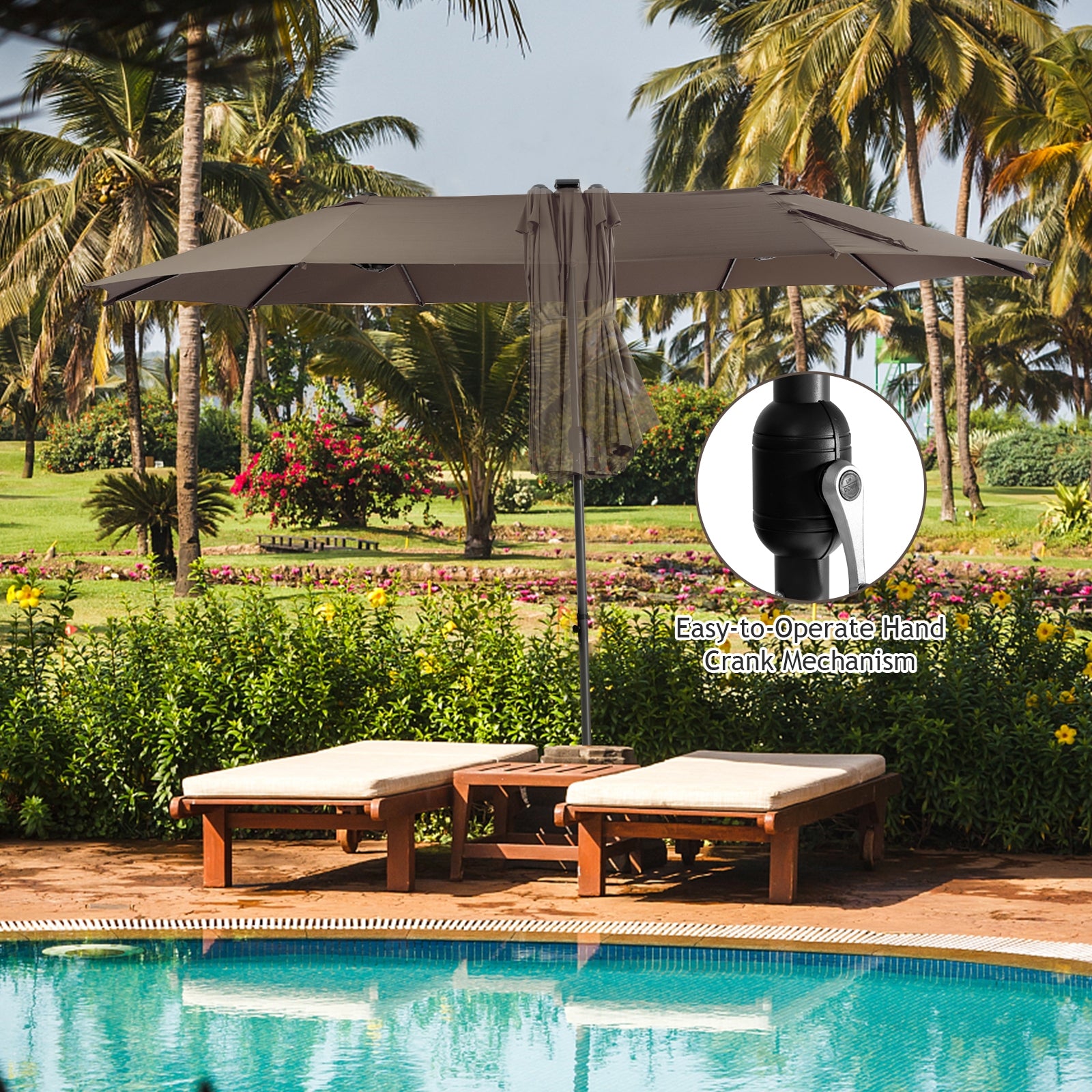 15 Feet Twin Patio Umbrella with 48 Solar LED Lights-Coffee