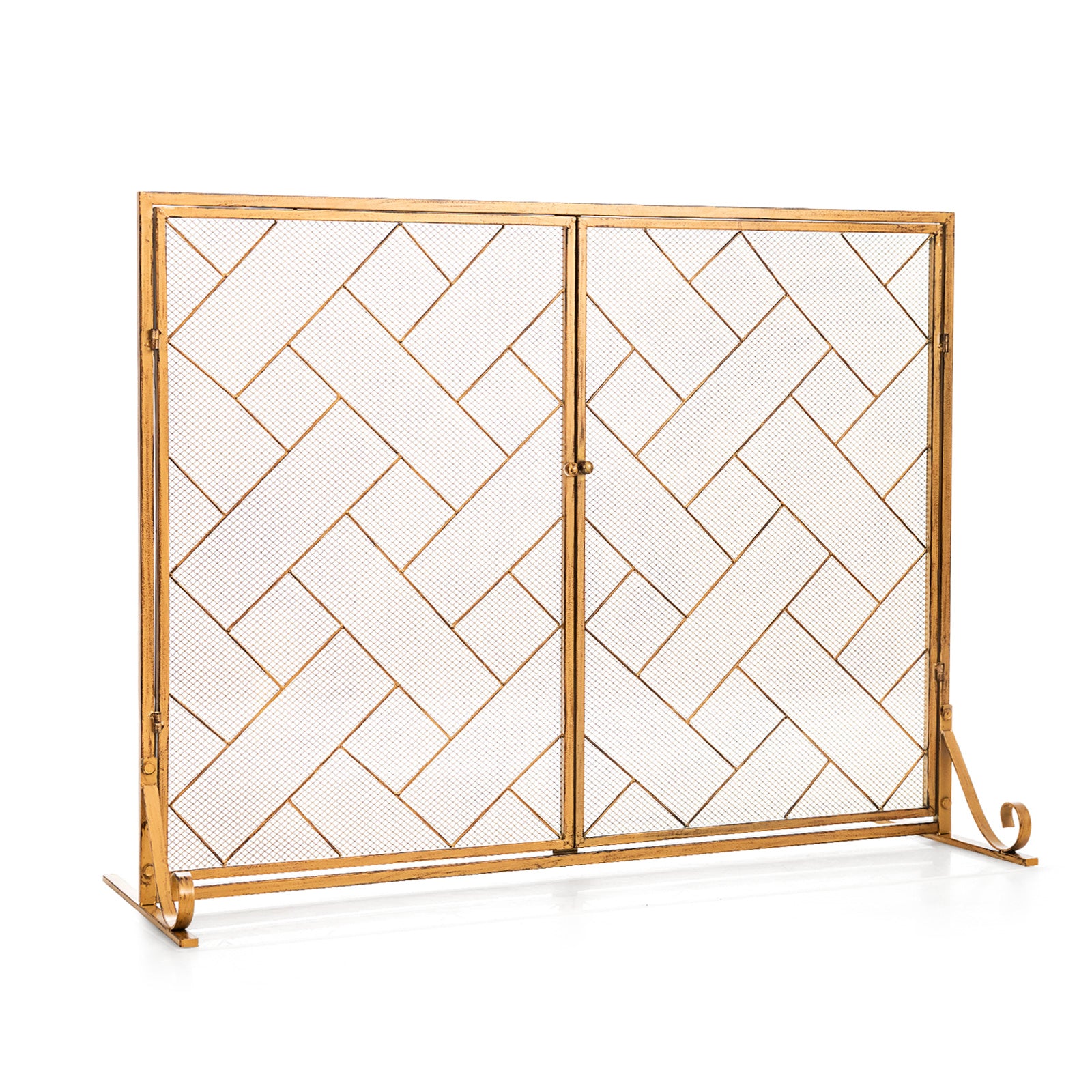 3-Panel Folding Wrought Iron Fireplace Screen with Doors and 4 Pieces Tools Set-Golden