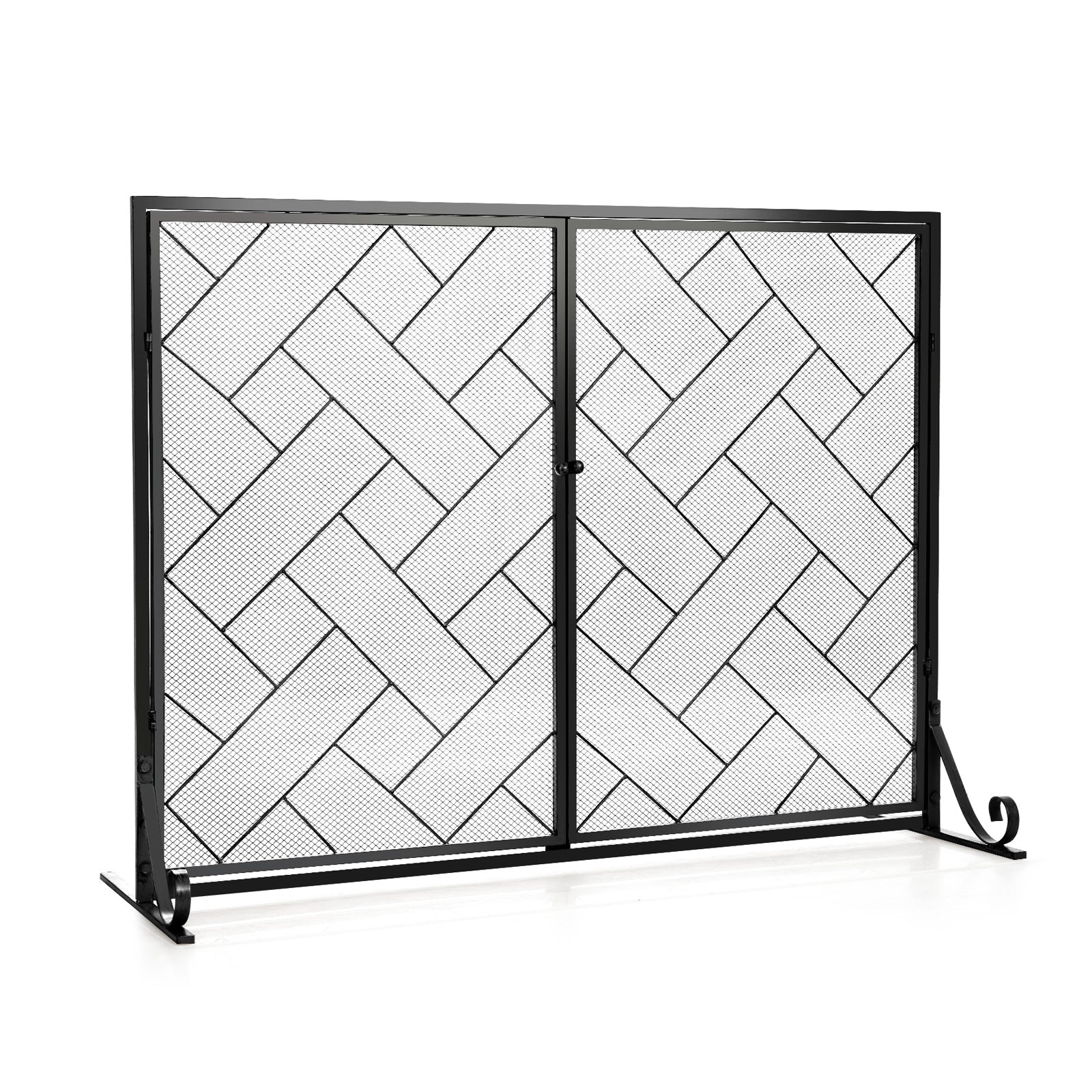 3-Panel Folding Wrought Iron Fireplace Screen with Doors and 4 Pieces Tools Set-Black