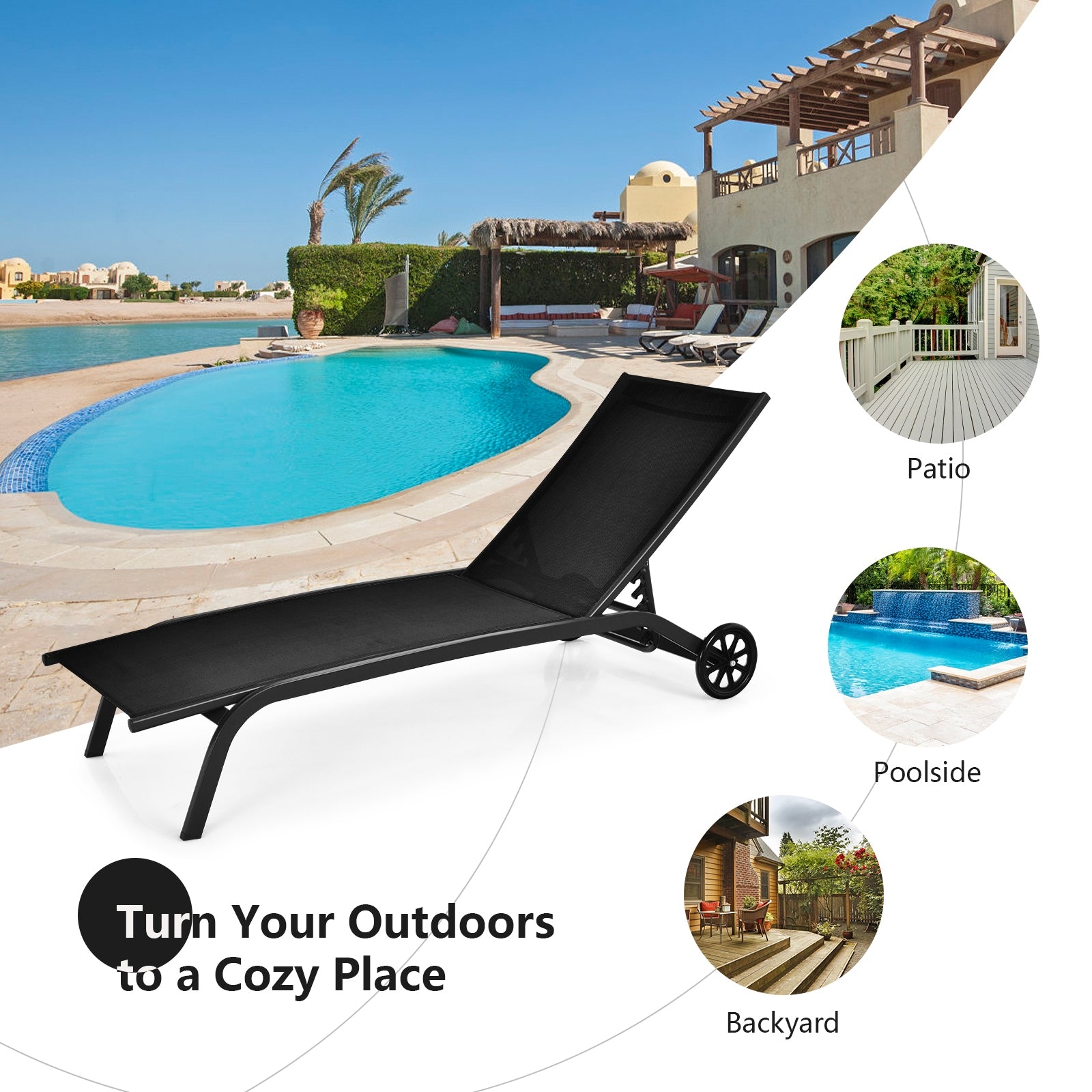 6-Poisition Adjustable Outdoor Chaise Recliner with Wheels-Black