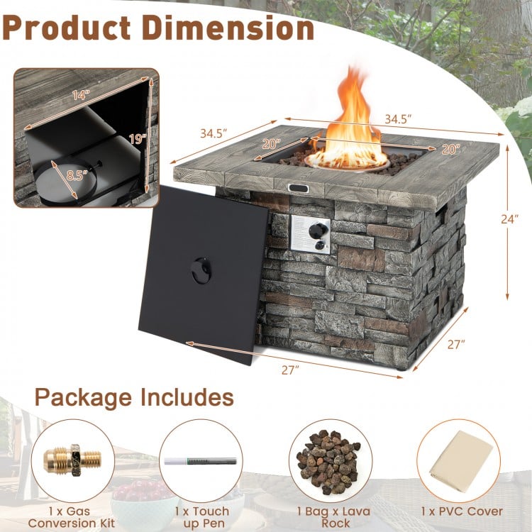 34.5 Inch Square Propane Gas Fire Pit Table with Lava Rock and PVC Cover