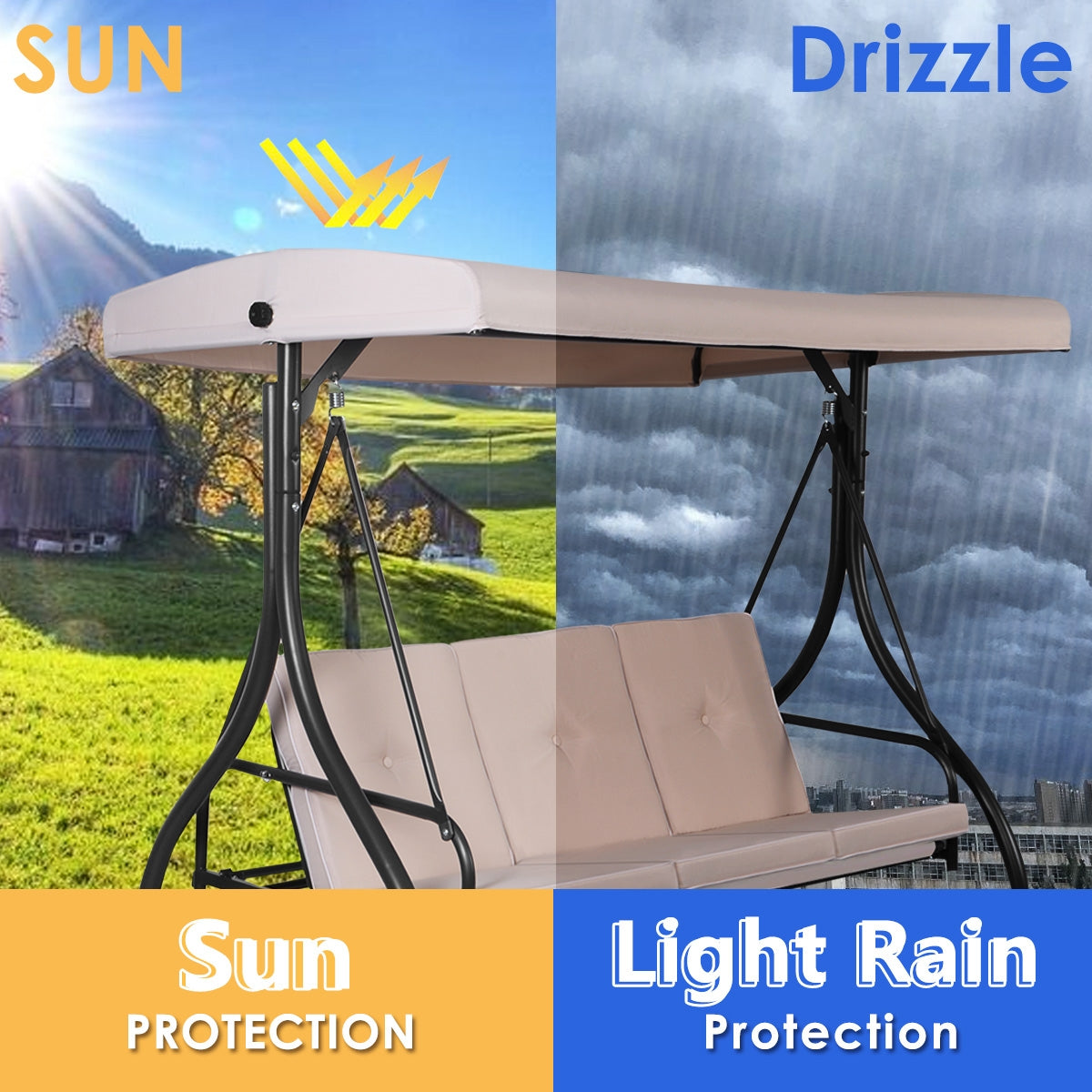 3 Seats Converting Outdoor Swing Canopy Hammock with Adjustable Tilt Canopy-BeigeÂ
