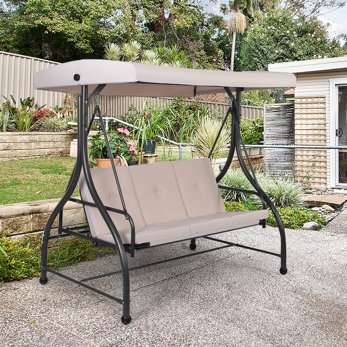 3 Seats Converting Outdoor Swing Canopy Hammock with Adjustable Tilt Canopy-BeigeÂ