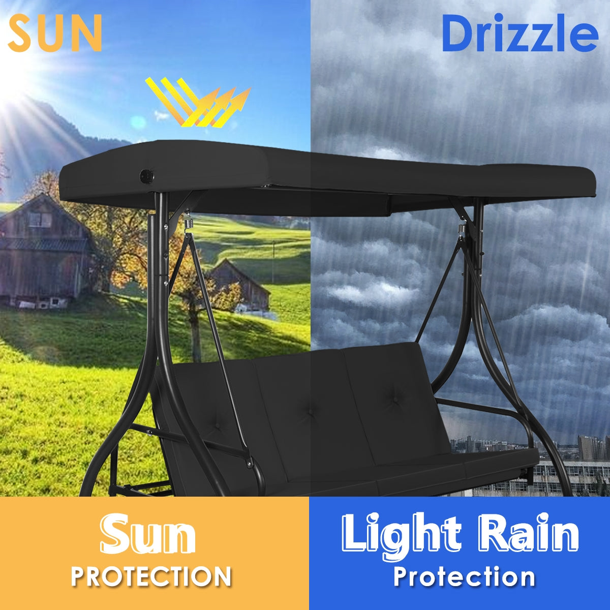 3 Seats Converting Outdoor Swing Canopy Hammock with Adjustable Tilt Canopy-BlackÂ