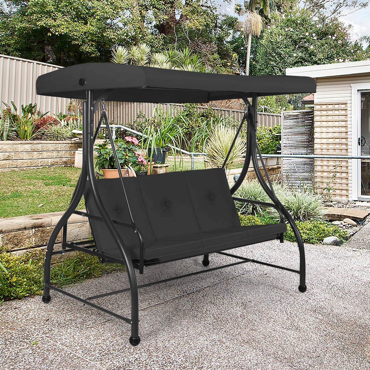 3 Seats Converting Outdoor Swing Canopy Hammock with Adjustable Tilt Canopy-BlackÂ