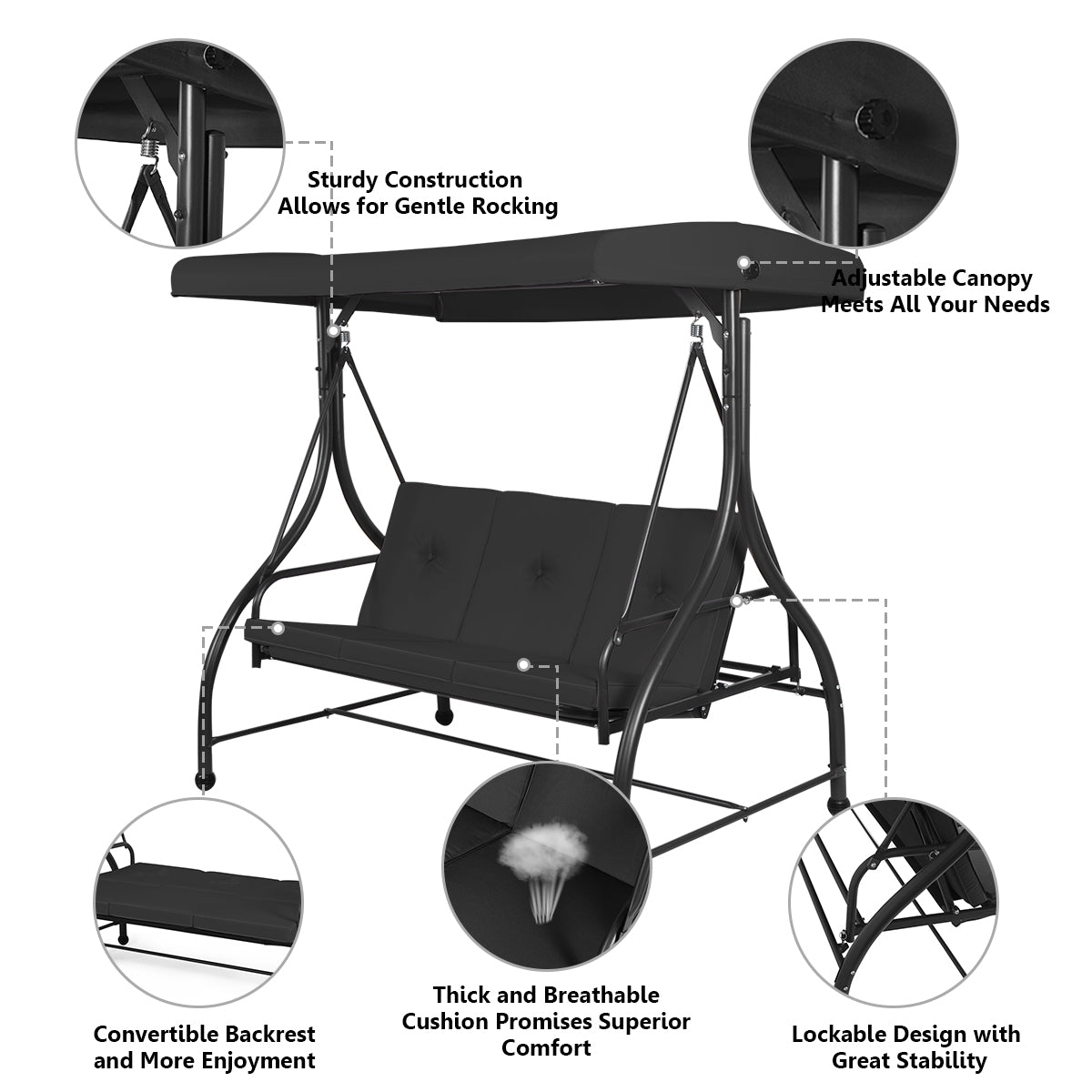 3 Seats Converting Outdoor Swing Canopy Hammock with Adjustable Tilt Canopy-BlackÂ