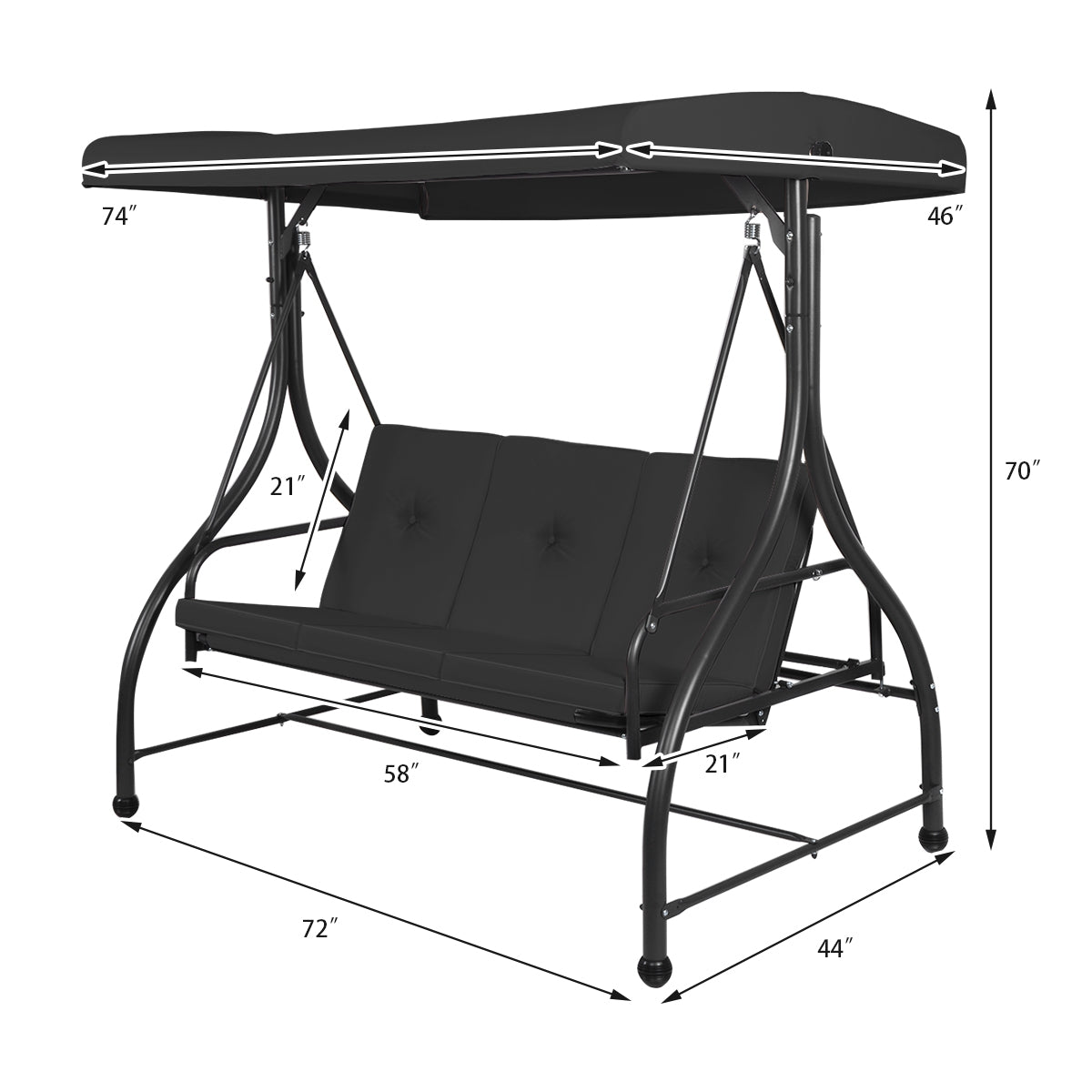 3 Seats Converting Outdoor Swing Canopy Hammock with Adjustable Tilt Canopy-BlackÂ