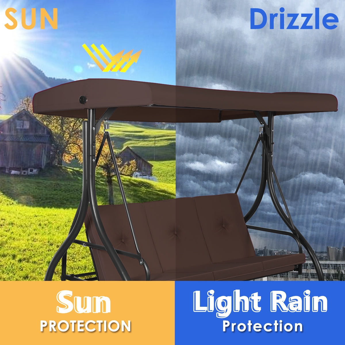 3 Seats Converting Outdoor Swing Canopy Hammock with Adjustable Tilt Canopy-BrownÂ