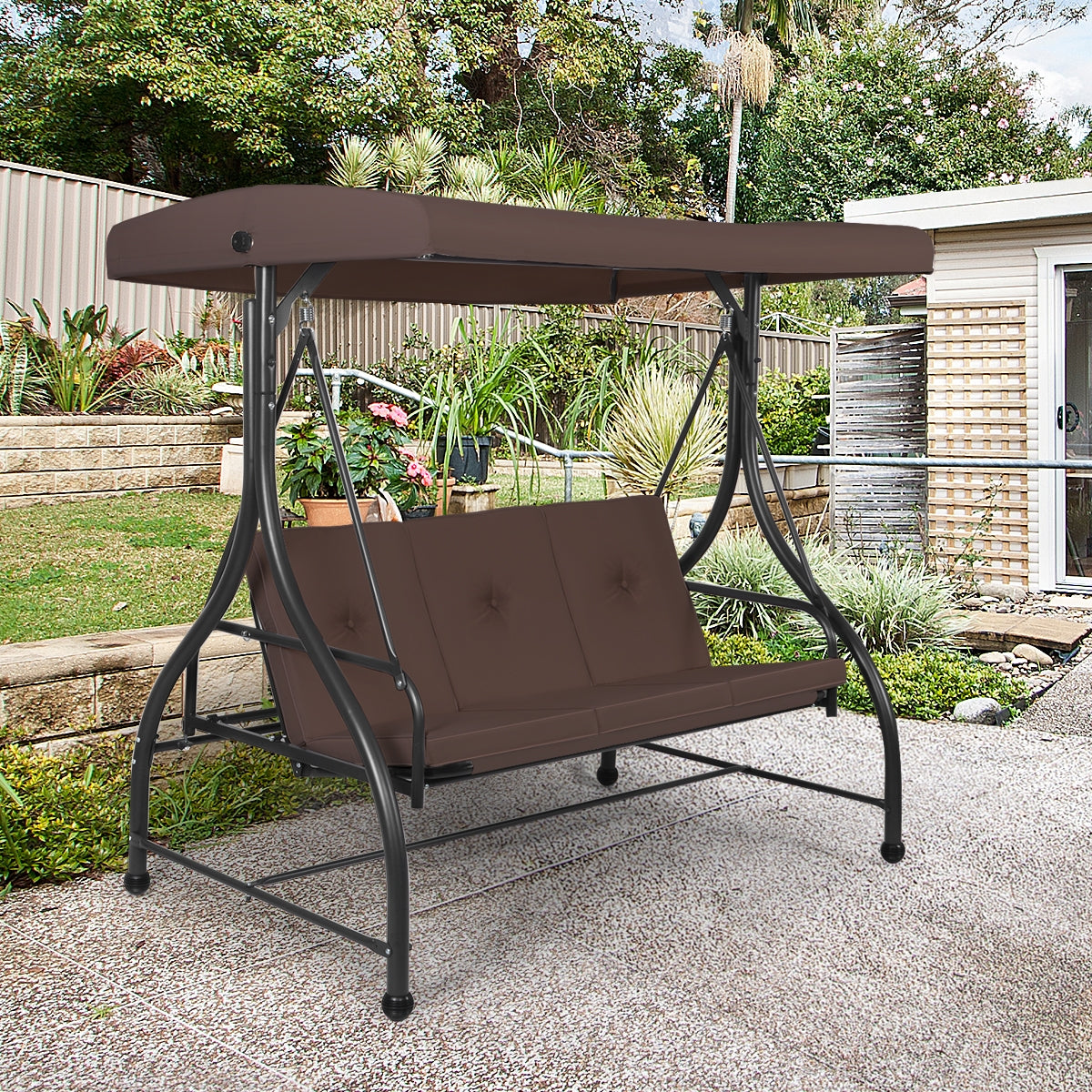 3 Seats Converting Outdoor Swing Canopy Hammock with Adjustable Tilt Canopy-BrownÂ
