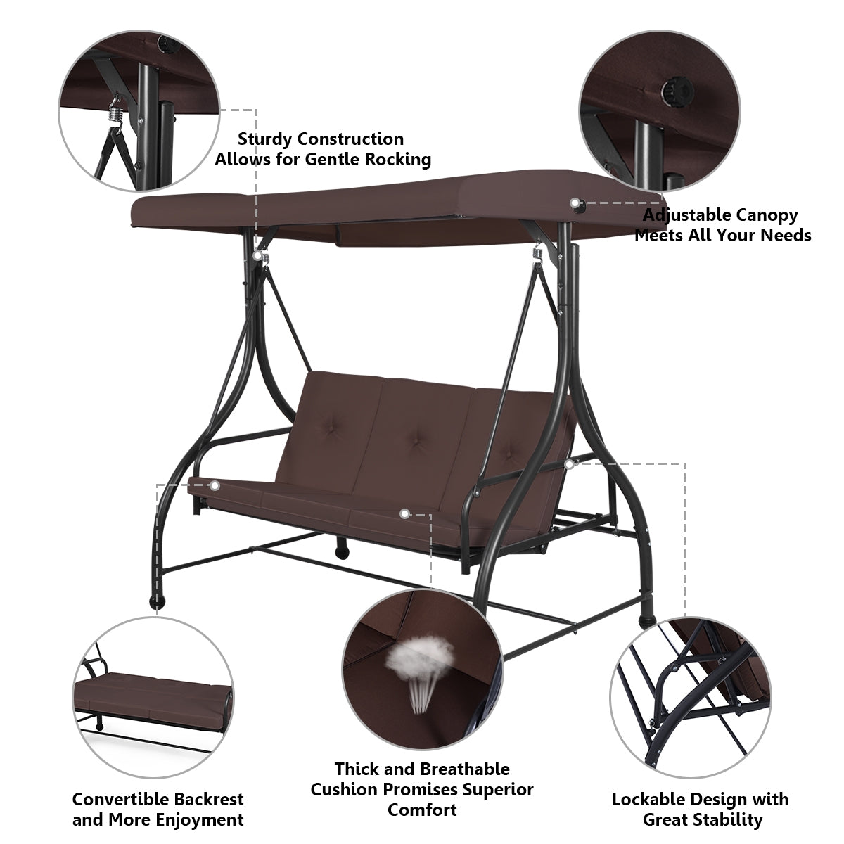 3 Seats Converting Outdoor Swing Canopy Hammock with Adjustable Tilt Canopy-BrownÂ