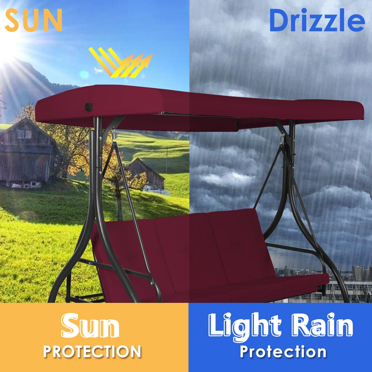 3 Seats Converting Outdoor Swing Canopy Hammock with Adjustable Tilt Canopy-WineÂ