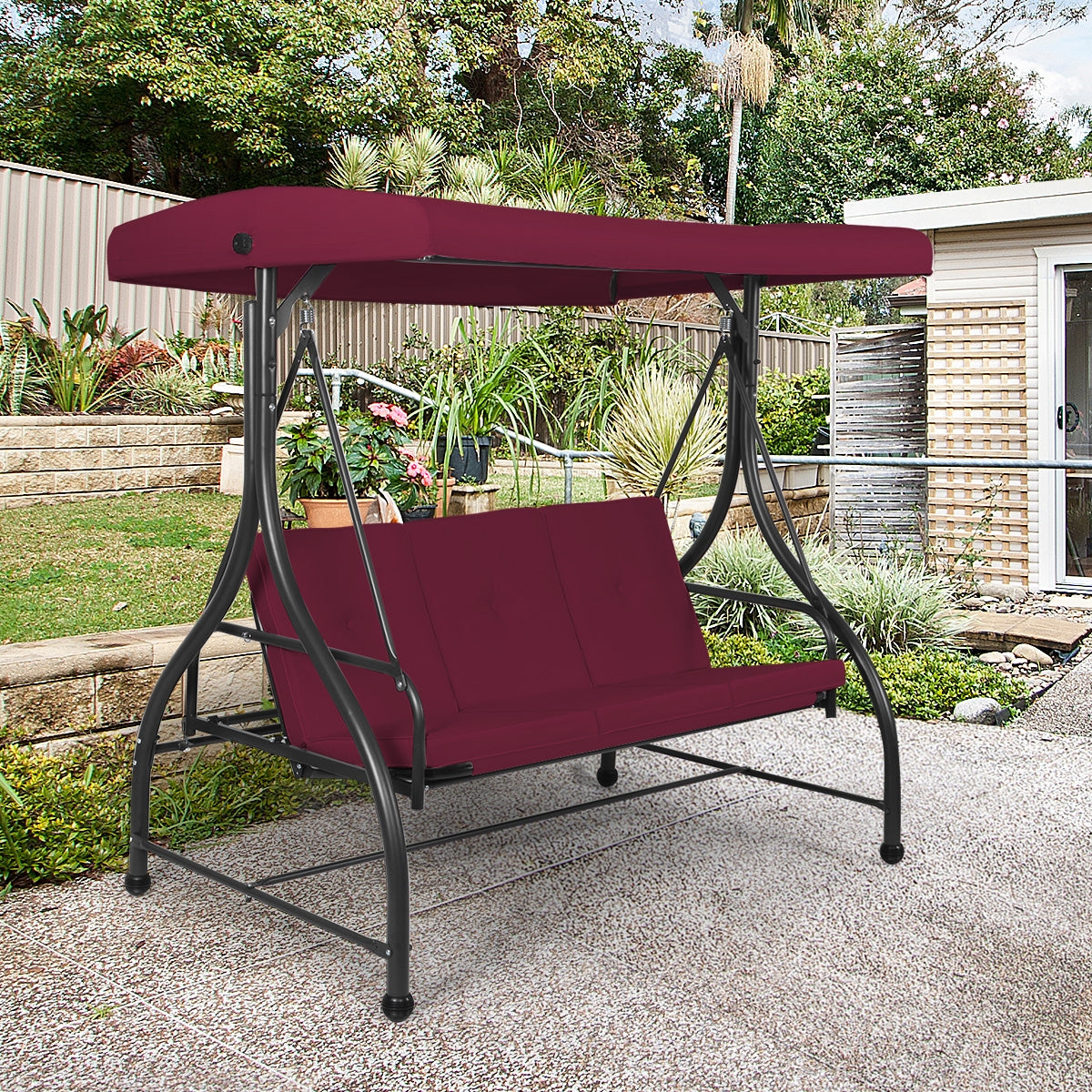 3 Seats Converting Outdoor Swing Canopy Hammock with Adjustable Tilt Canopy-WineÂ